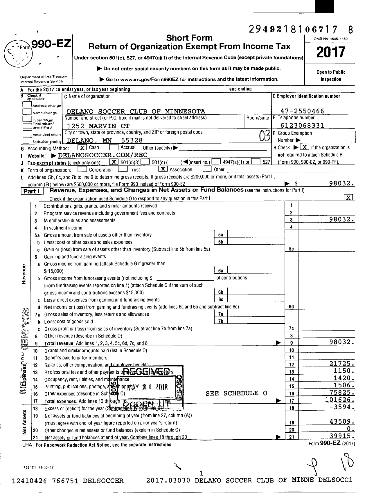 Image of first page of 2017 Form 990EZ for Delano Soccer Club of Minnesota