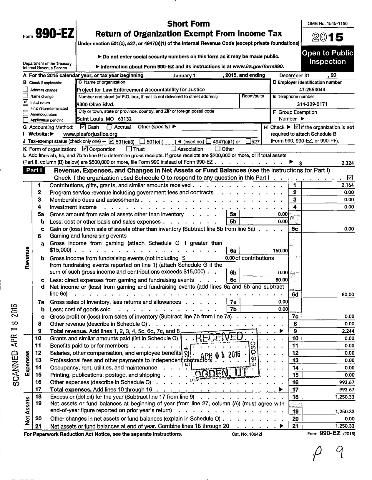 Image of first page of 2015 Form 990EZ for The Center for Growing Justice