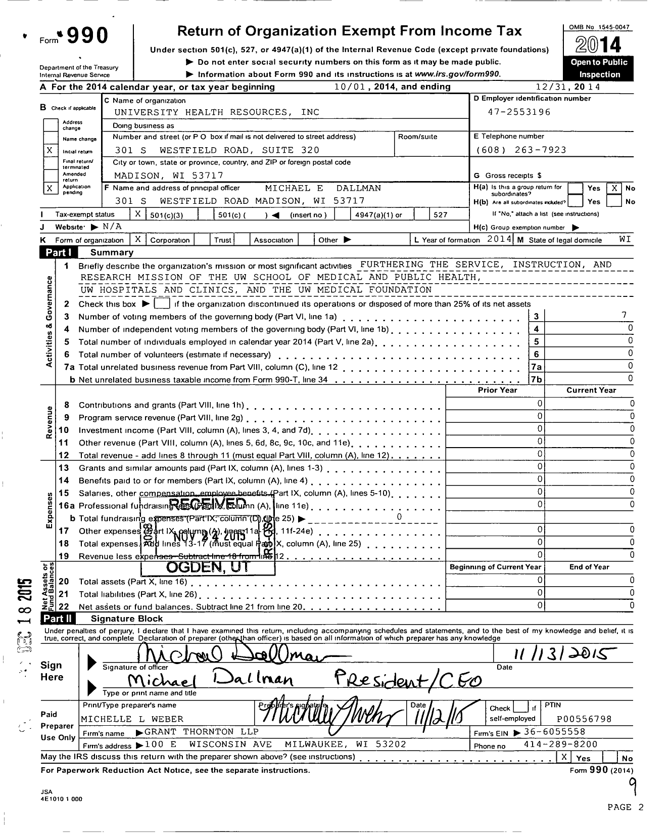 Image of first page of 2014 Form 990 for University Health Care