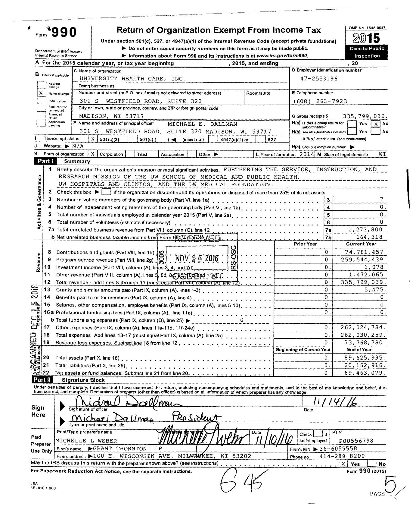 Image of first page of 2015 Form 990 for University Health Care