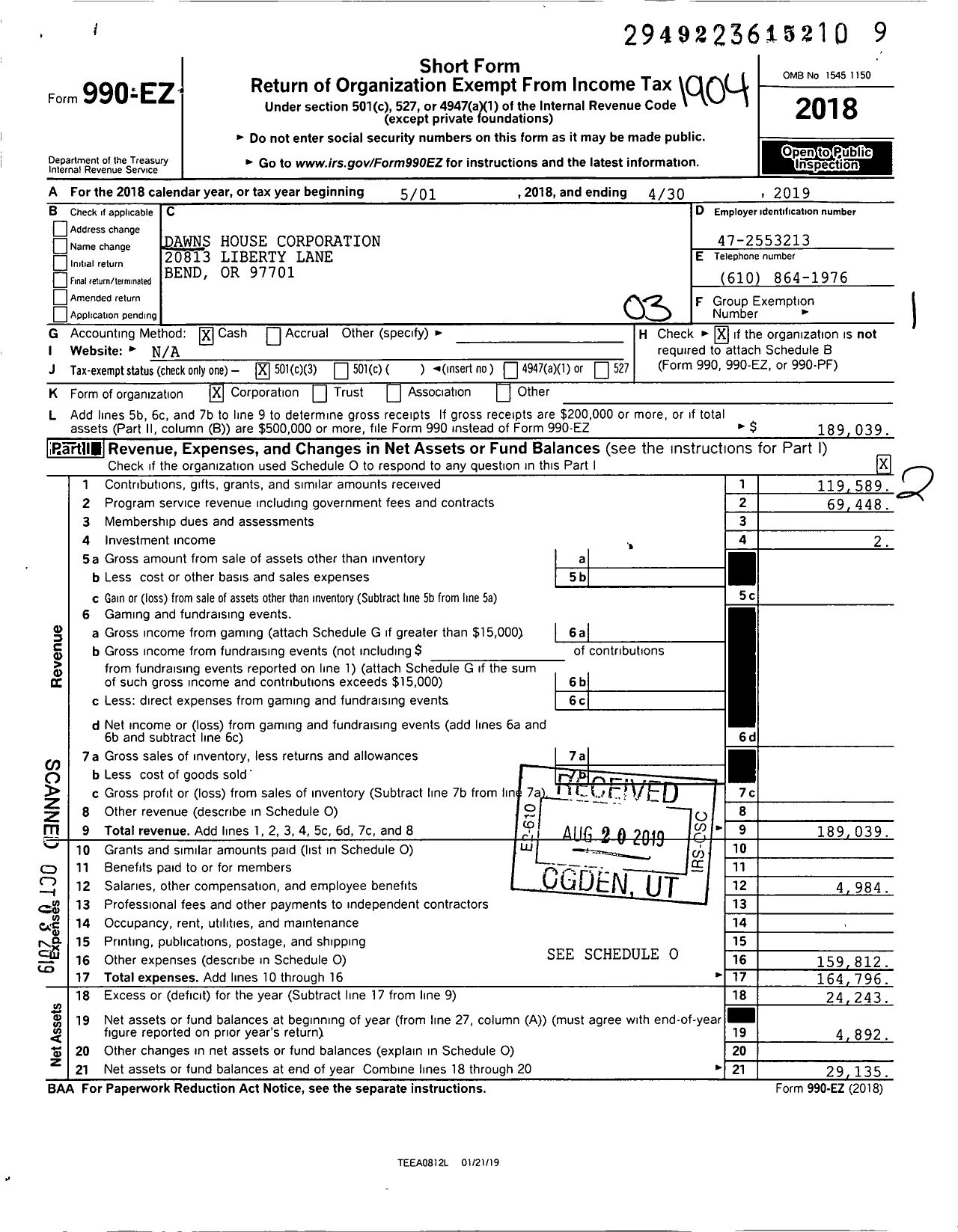 Image of first page of 2018 Form 990EZ for DAWNs House Corporation