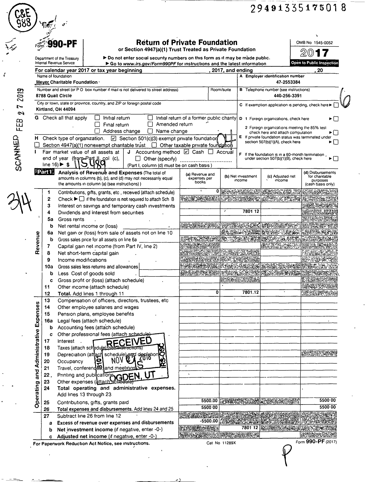 Image of first page of 2017 Form 990PF for Meyer Charitable Foundation