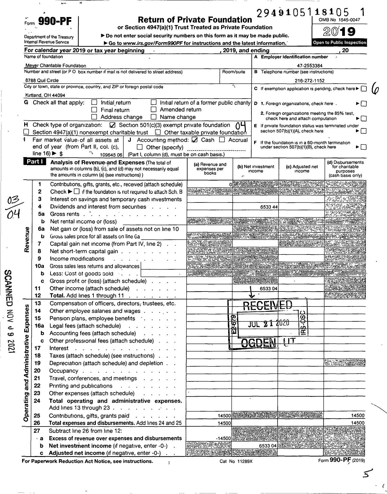 Image of first page of 2019 Form 990PF for Meyer Charitable Foundation