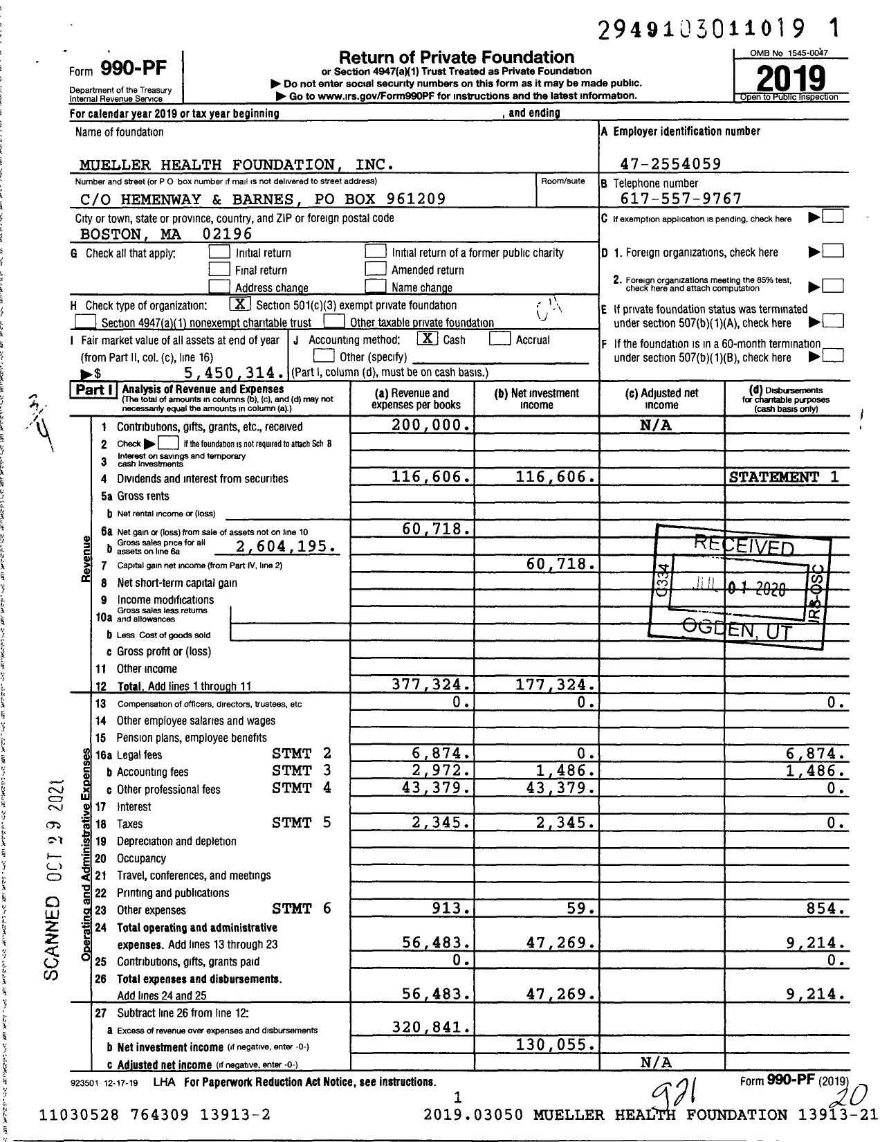 Image of first page of 2019 Form 990PF for Mueller Health Foundation