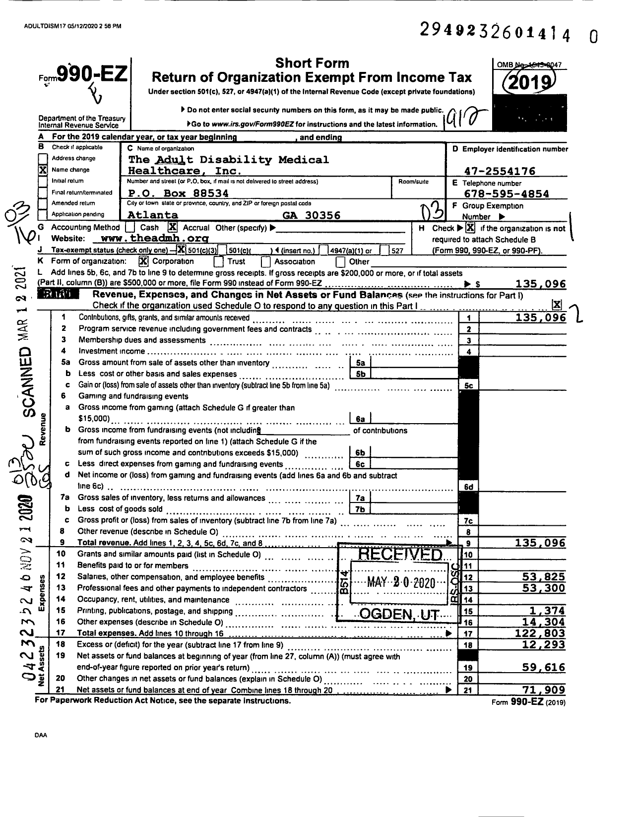 Image of first page of 2019 Form 990EZ for The ADULT DISABILITY Medical Healthcare