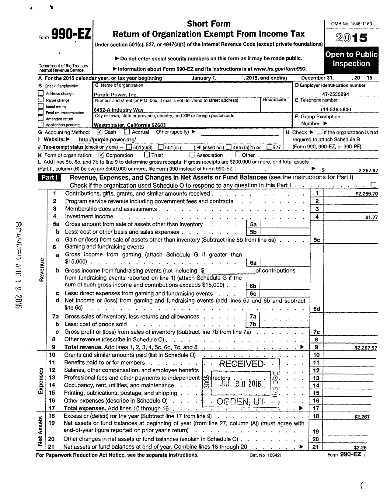 Image of first page of 2015 Form 990EO for Purple Power