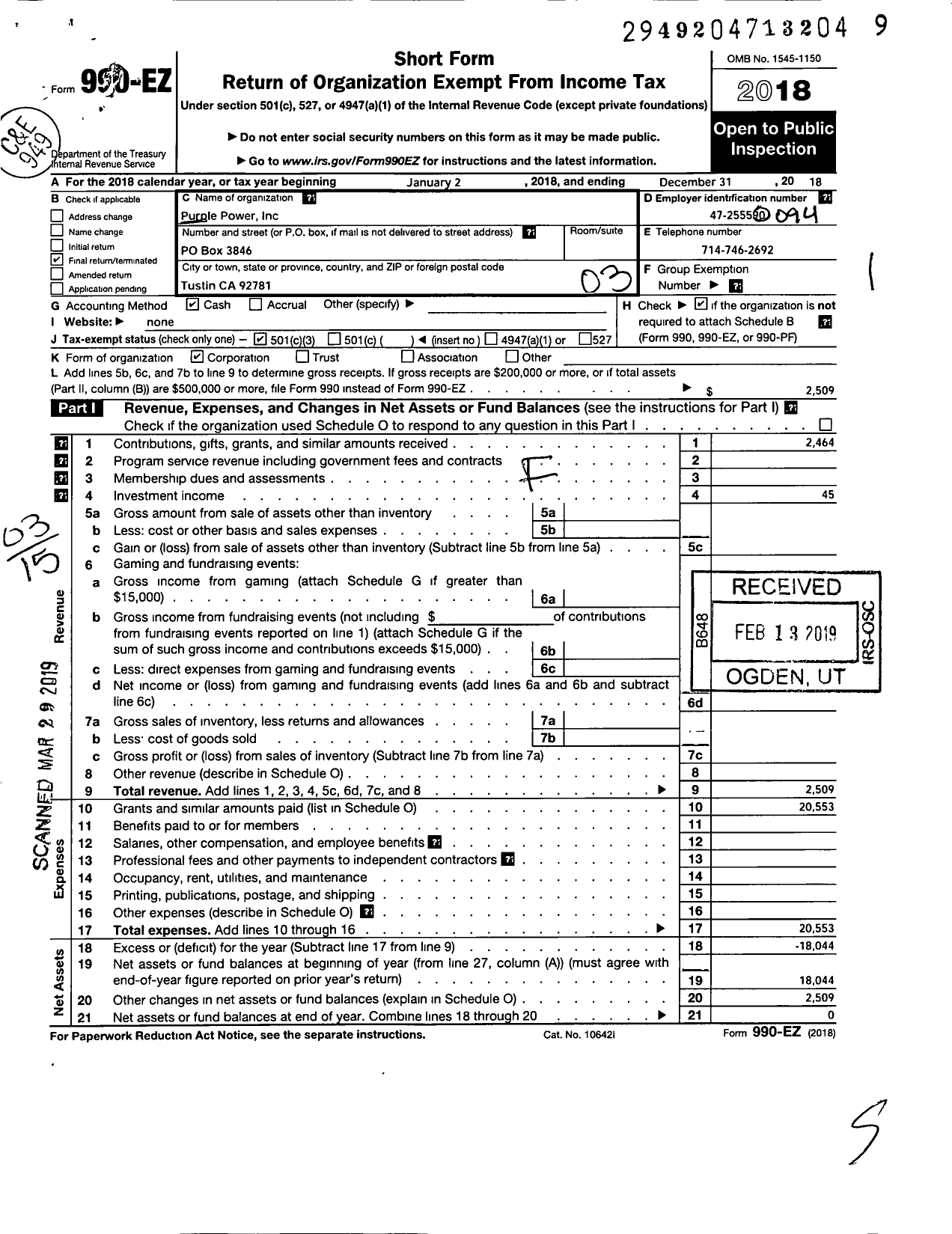 Image of first page of 2018 Form 990EZ for Purple Power