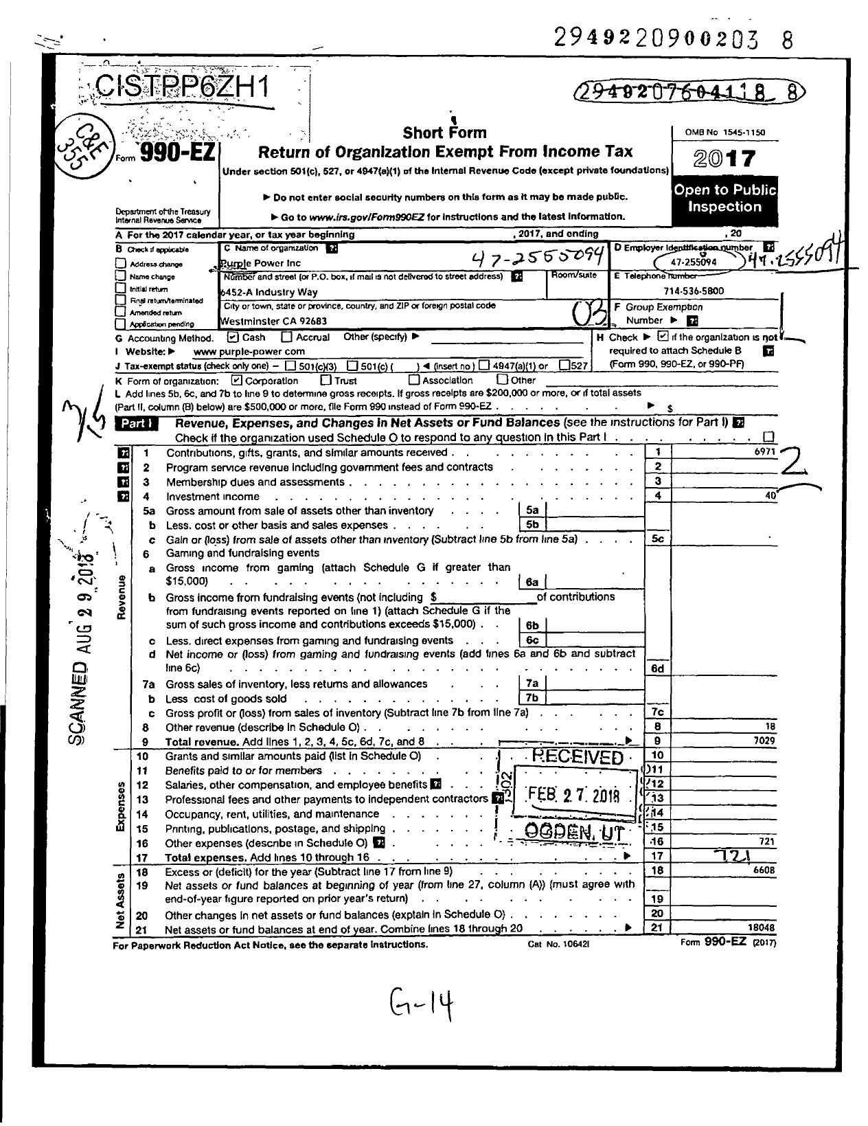 Image of first page of 2017 Form 990EZ for Purple Power