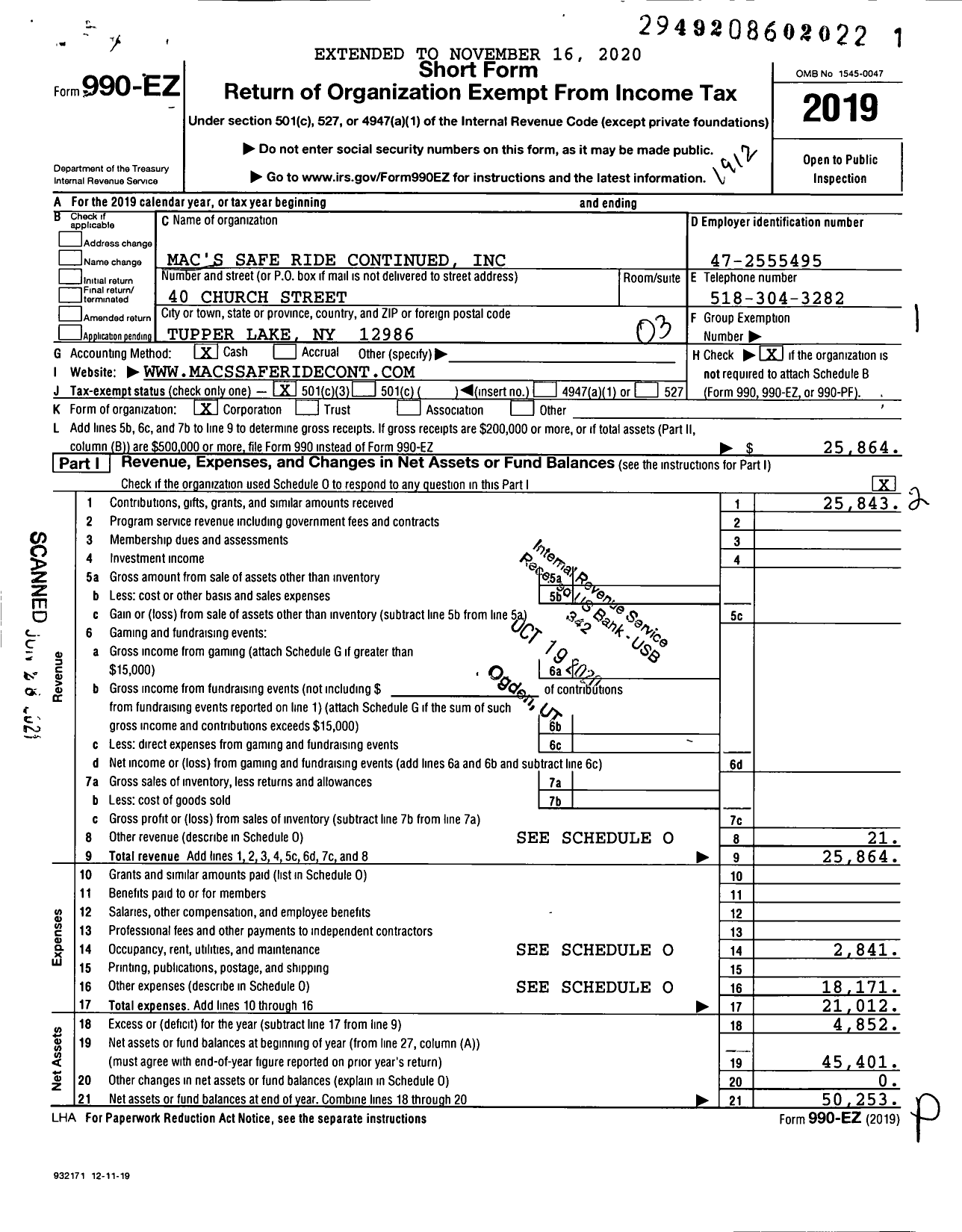 Image of first page of 2019 Form 990EZ for Mac's Safe Ride Continued