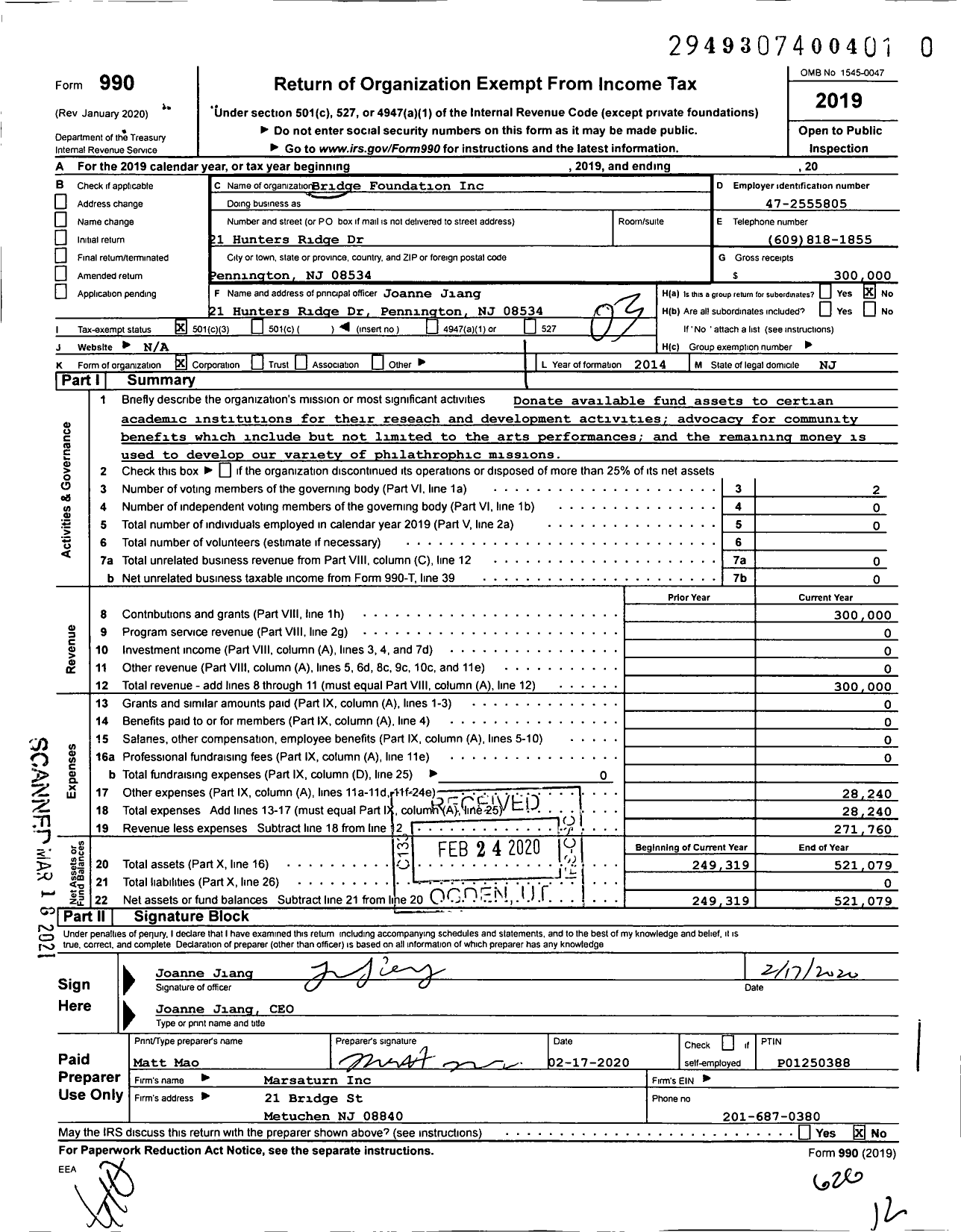 Image of first page of 2019 Form 990 for Bridge Foundation