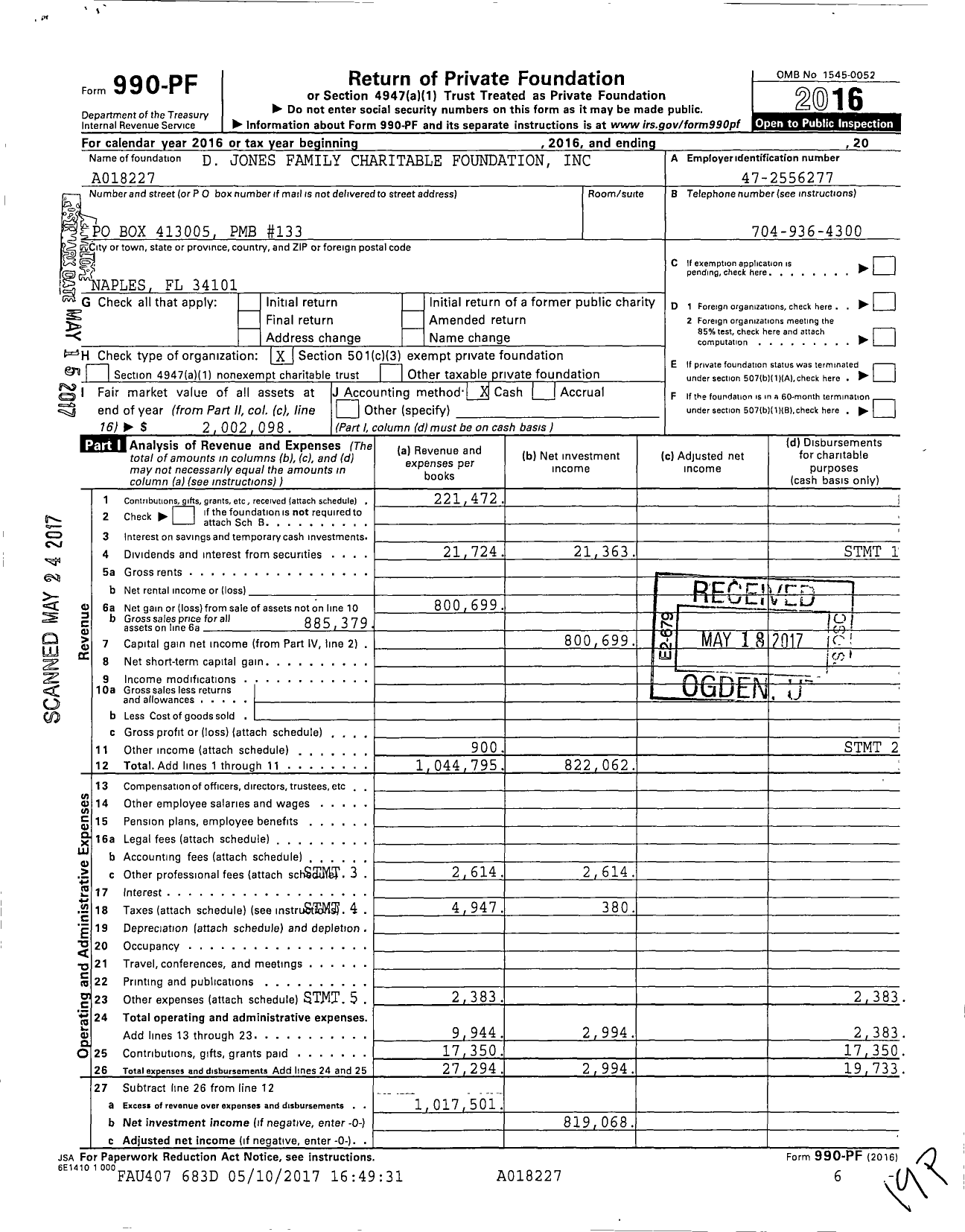 Image of first page of 2016 Form 990PF for D Jones Family Charitable Foundation