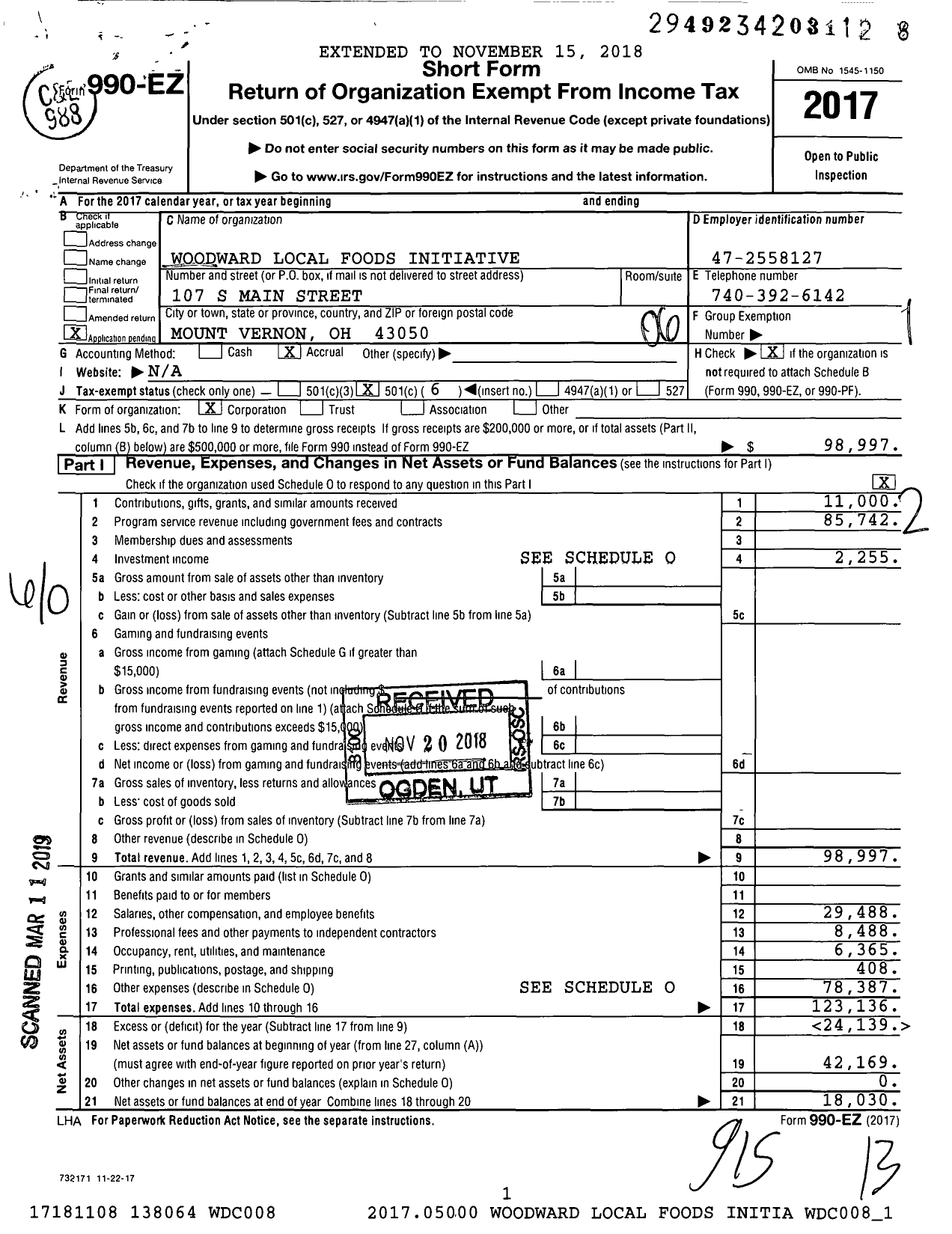 Image of first page of 2017 Form 990EO for Woodward Local Foods Initiative