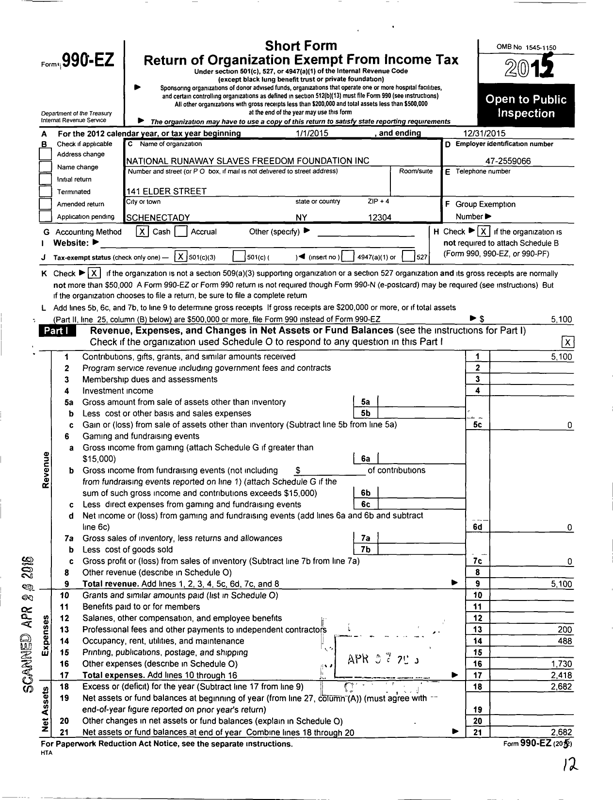 Image of first page of 2015 Form 990EZ for National Runaway Slaves Freedom Foundation