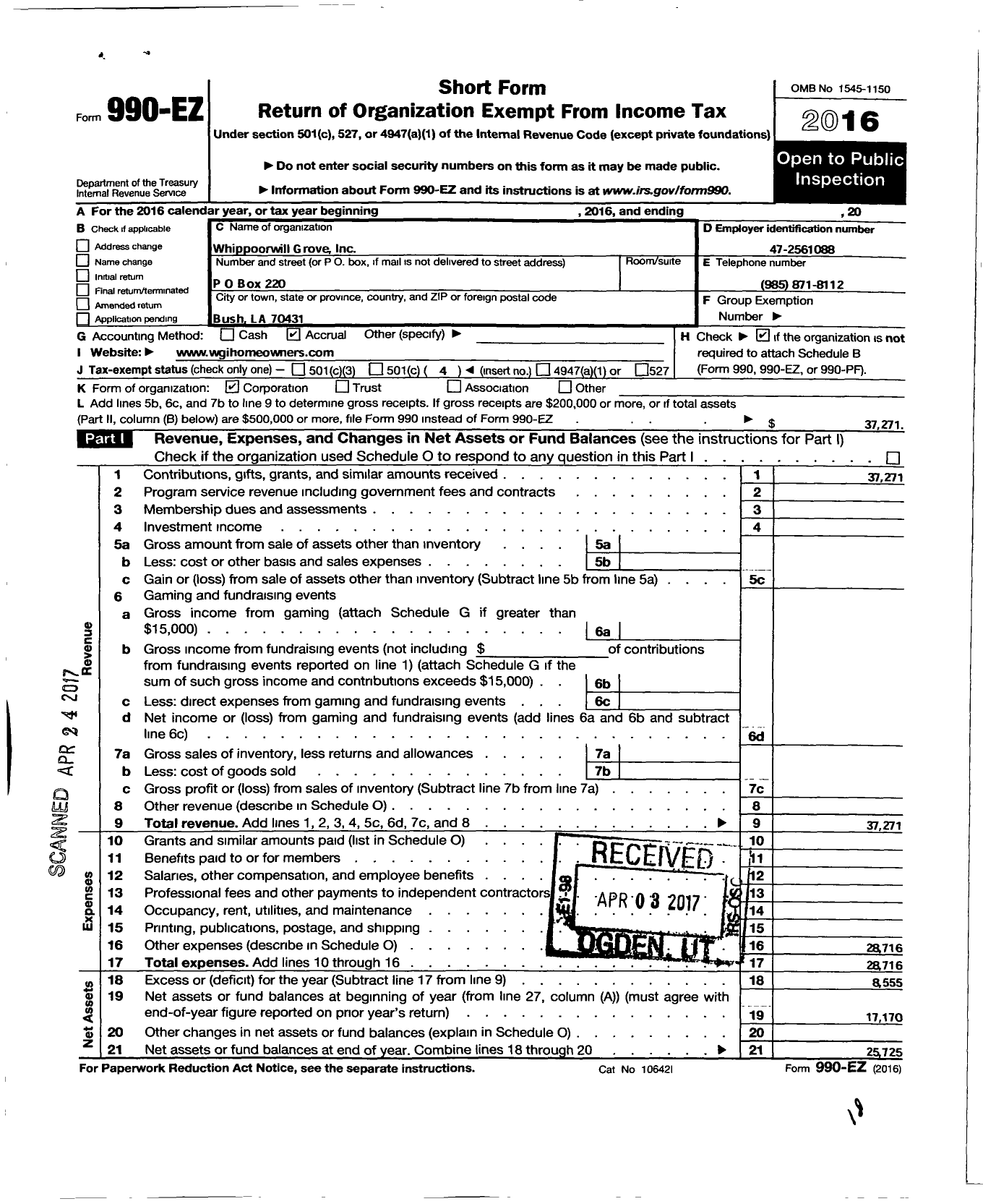 Image of first page of 2016 Form 990EO for Whippoorwill Grove