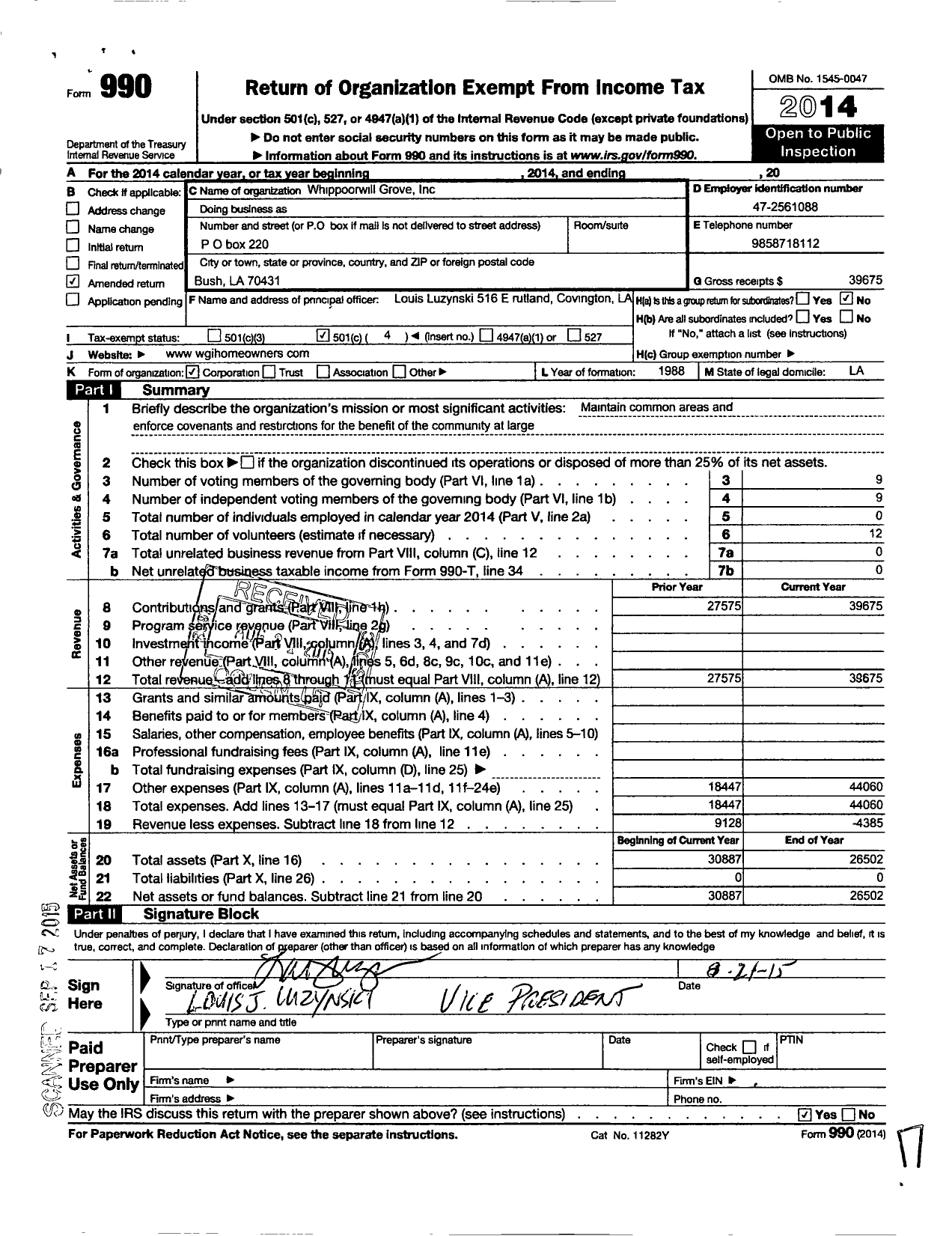 Image of first page of 2014 Form 990O for Whippoorwill Grove