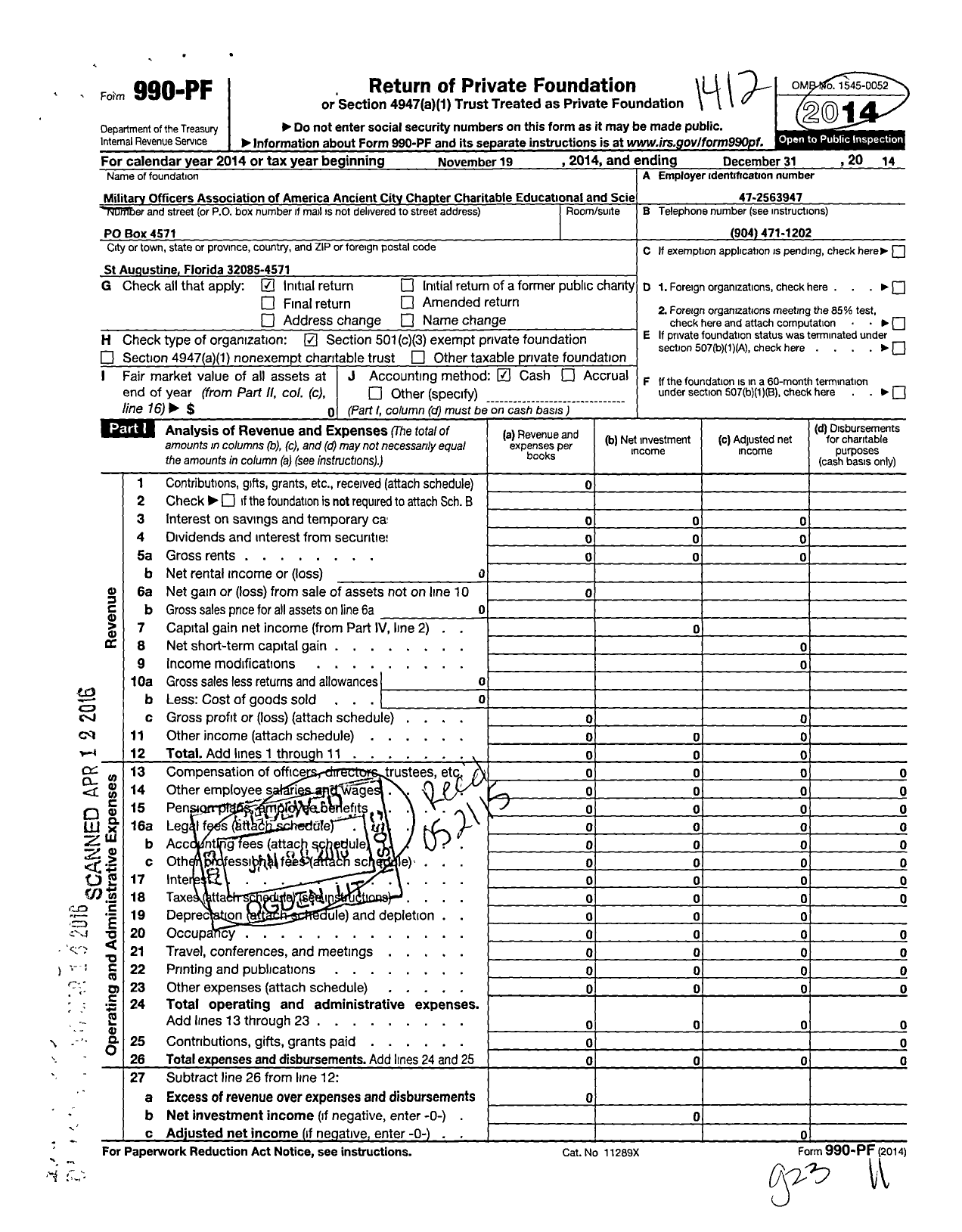 Image of first page of 2014 Form 990PF for Military Officers Association of America Ancient City Chapter Chari