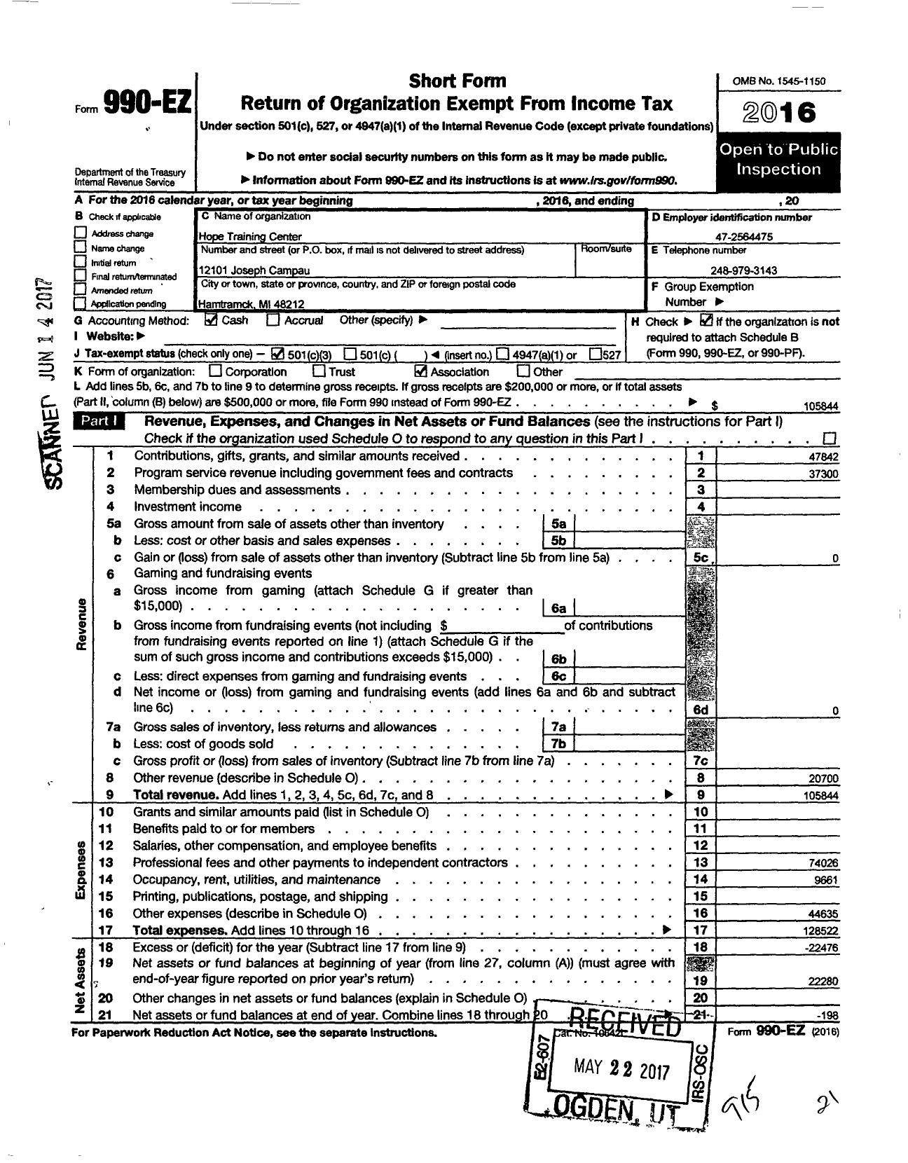 Image of first page of 2016 Form 990EZ for Hope Training Center