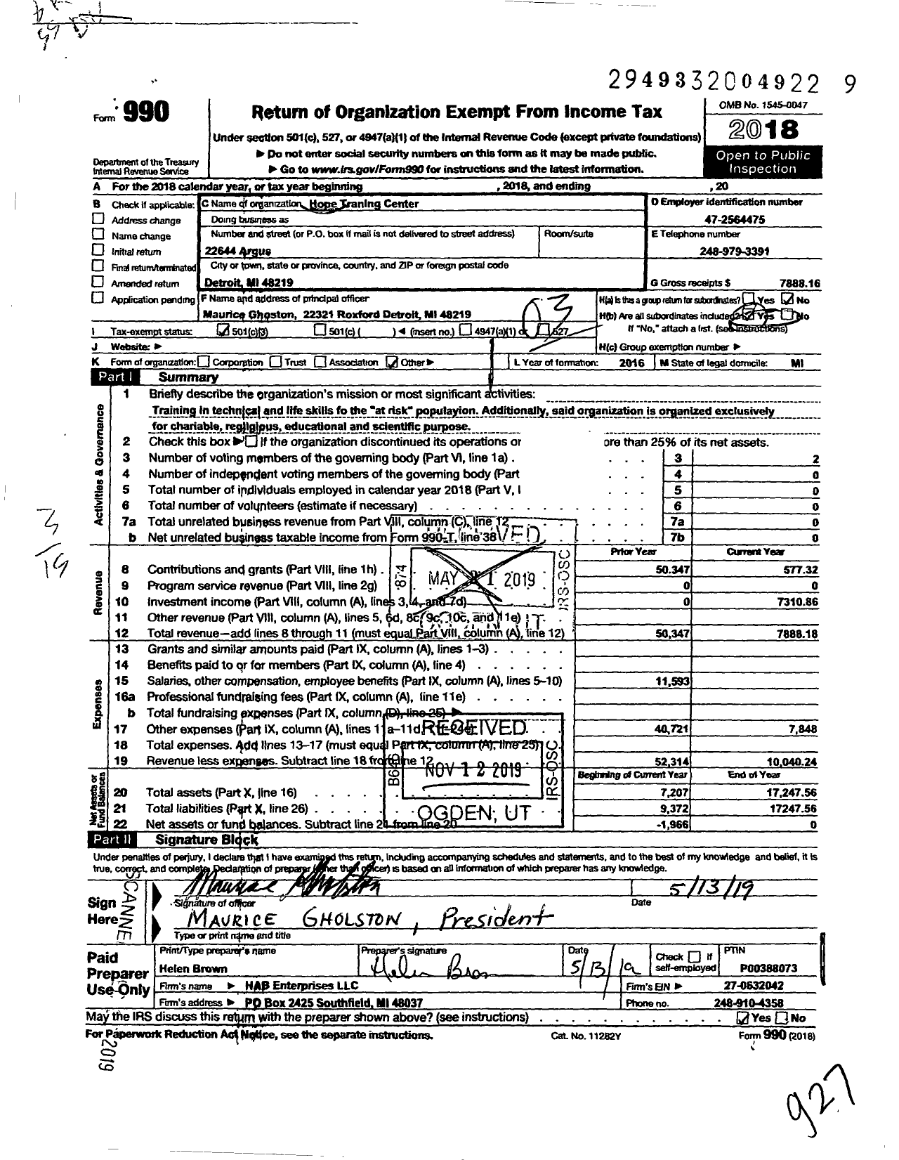 Image of first page of 2018 Form 990 for Hope Training Center