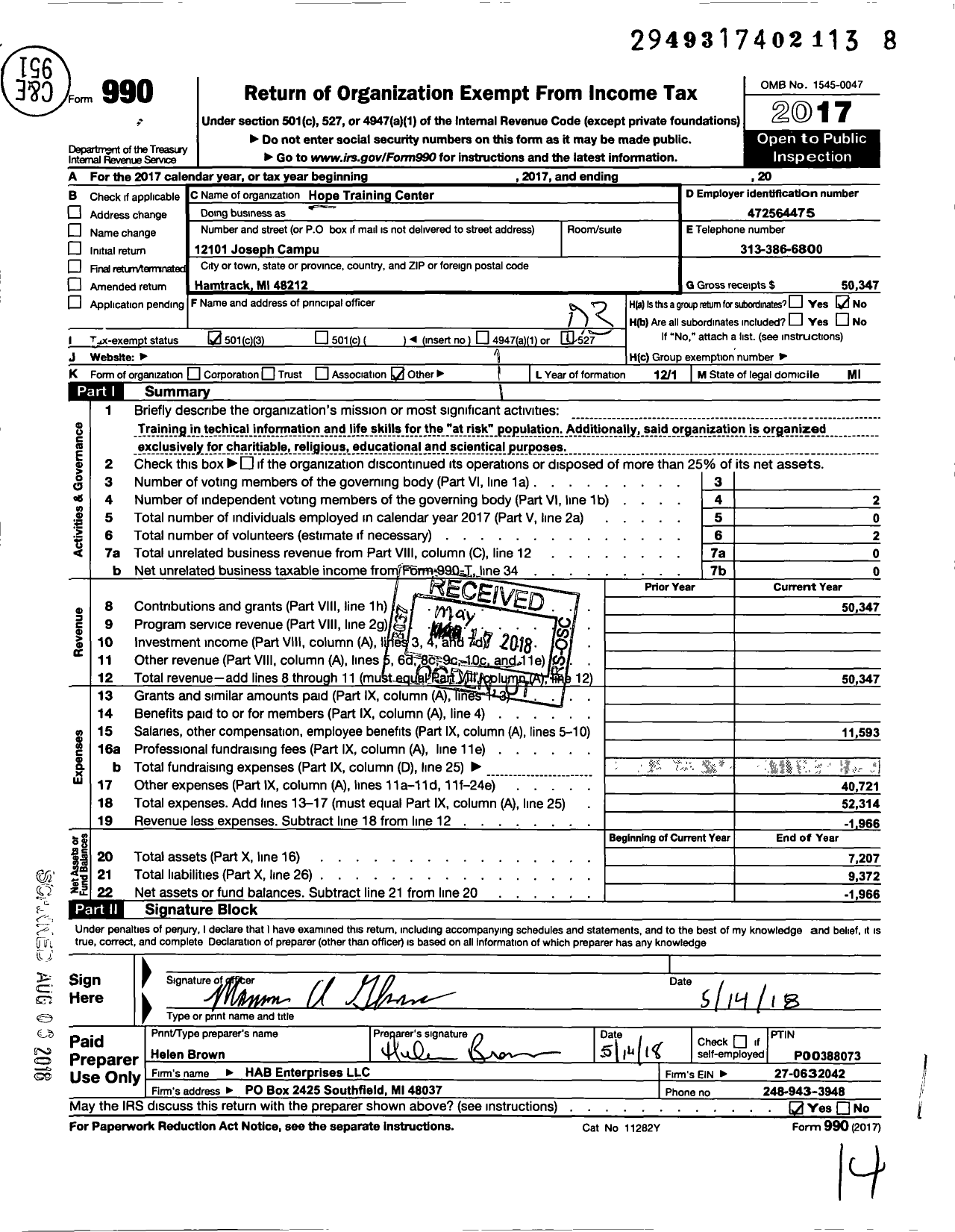 Image of first page of 2017 Form 990 for Hope Training Center