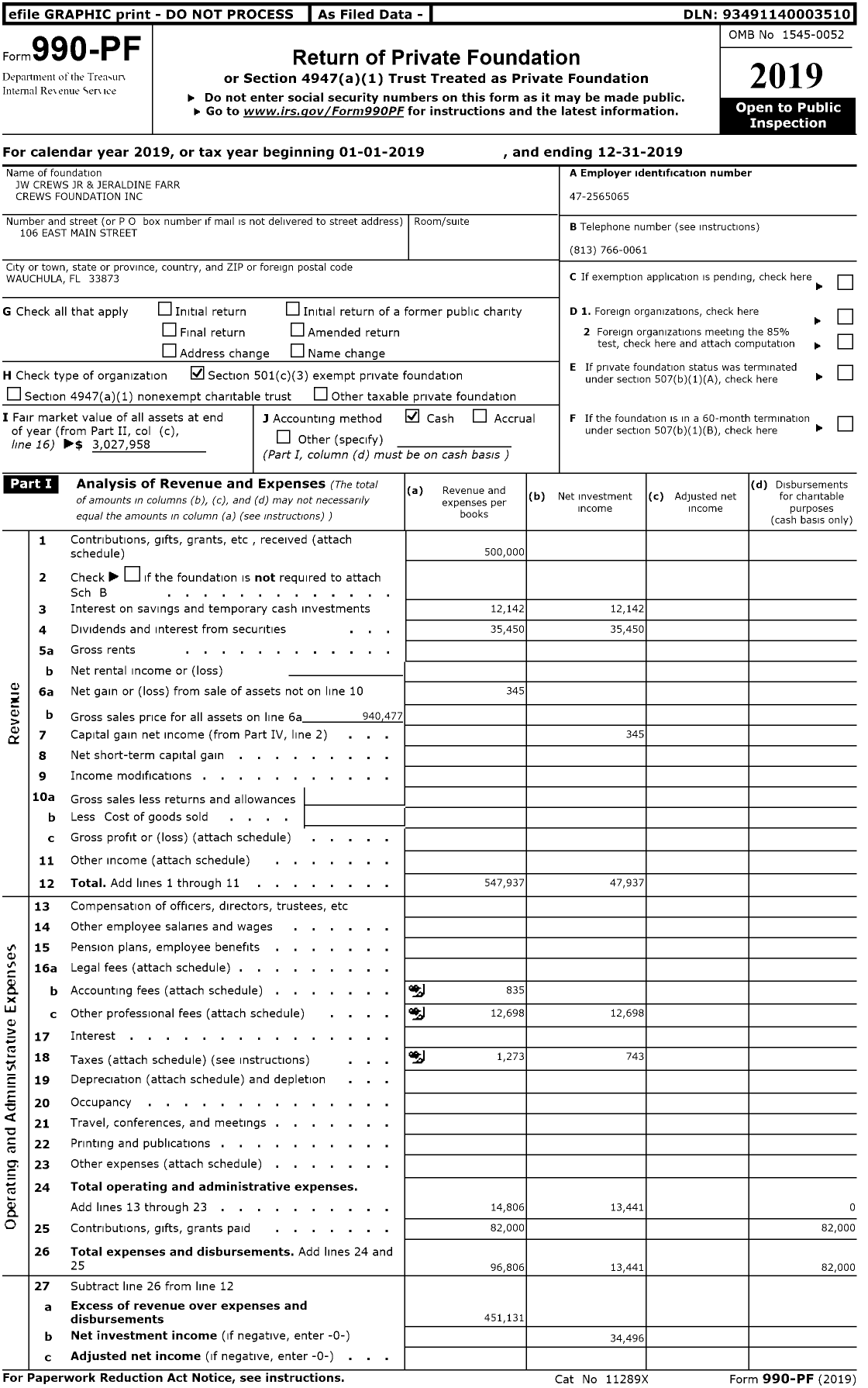 Image of first page of 2019 Form 990PR for JW Crews JR and Jeraldine Farr Crews Foundation