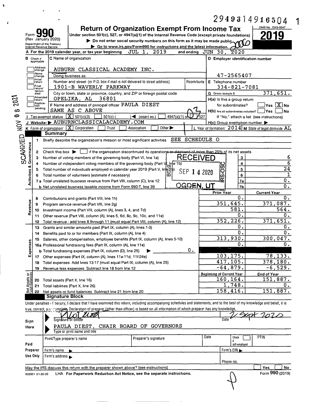 Image of first page of 2019 Form 990 for Auburn Classical Academy