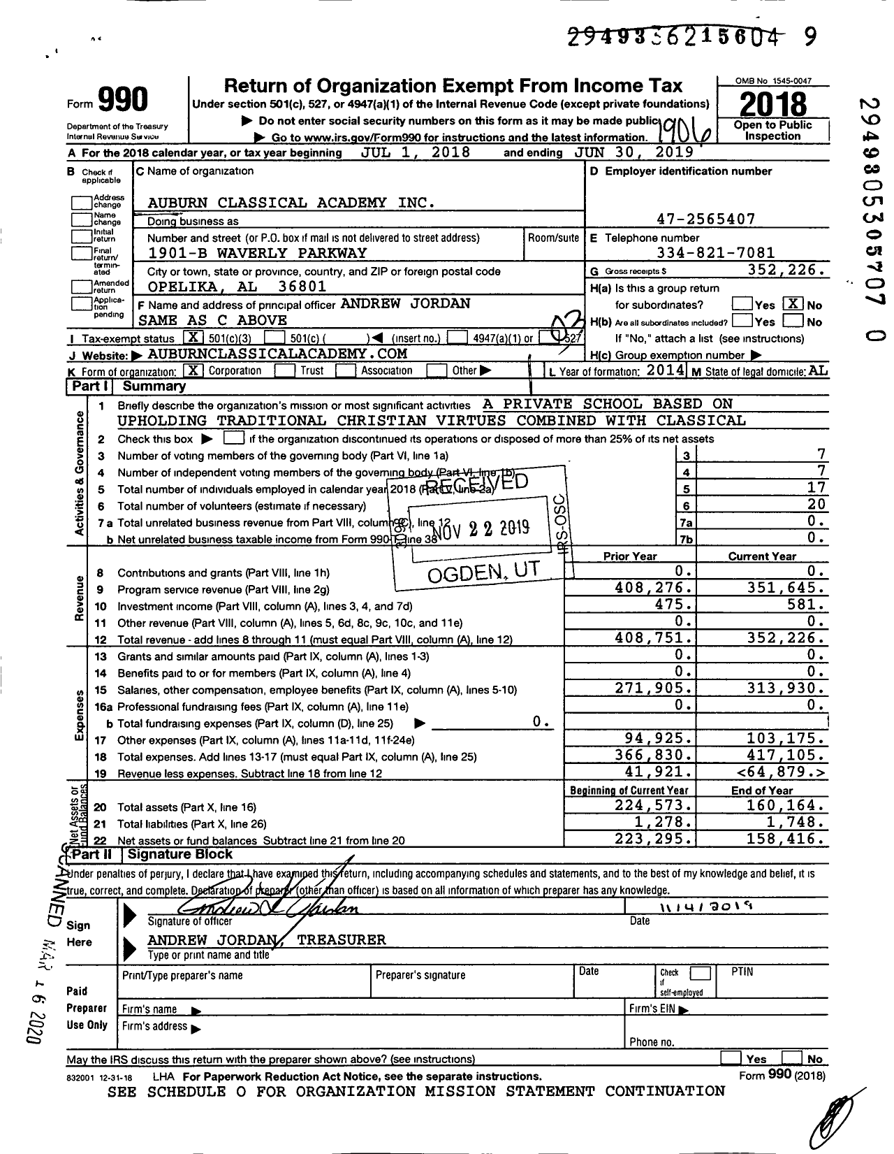 Image of first page of 2018 Form 990 for Auburn Classical Academy