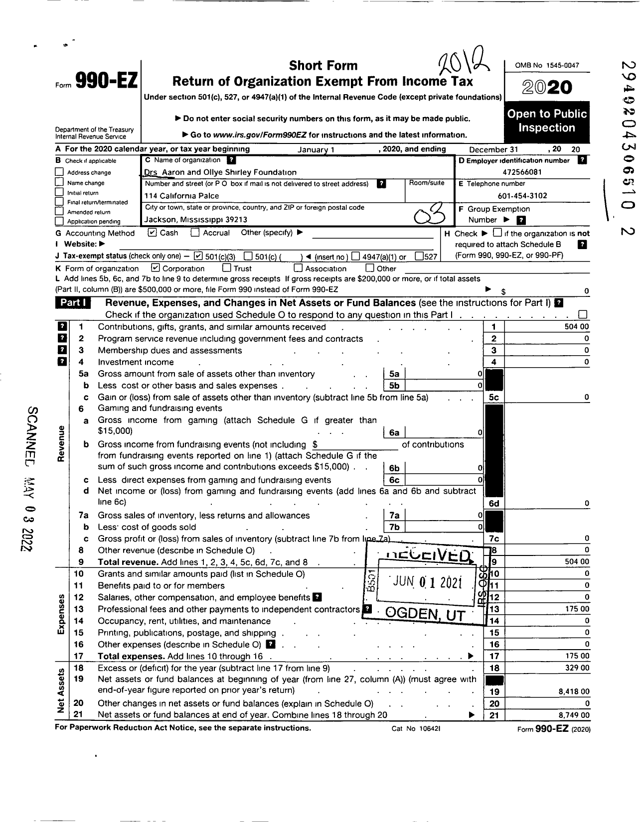 Image of first page of 2020 Form 990EZ for DRS Aaron and Ollye Shirley Foundation