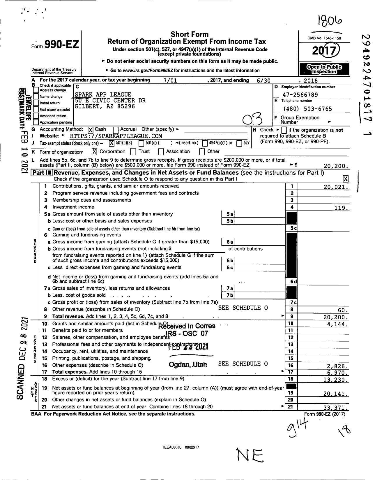 Image of first page of 2017 Form 990EZ for SPARK App League