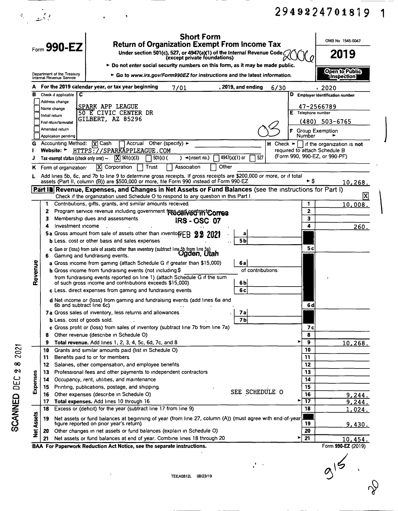 Image of first page of 2019 Form 990EZ for SPARK App League