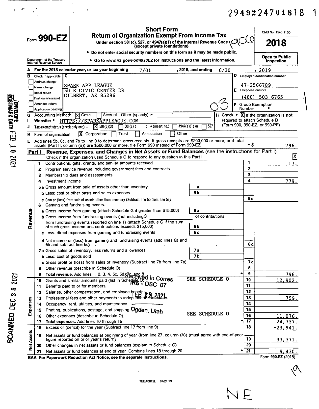 Image of first page of 2018 Form 990EZ for SPARK App League