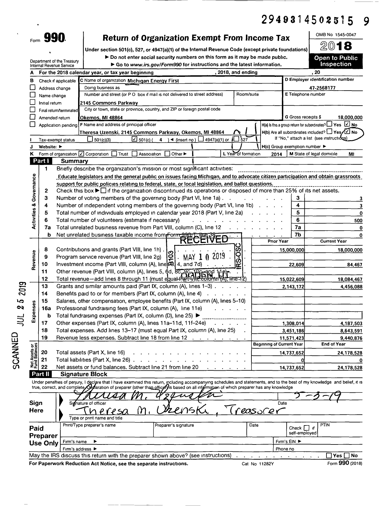 Image of first page of 2018 Form 990O for Michigan Energy First