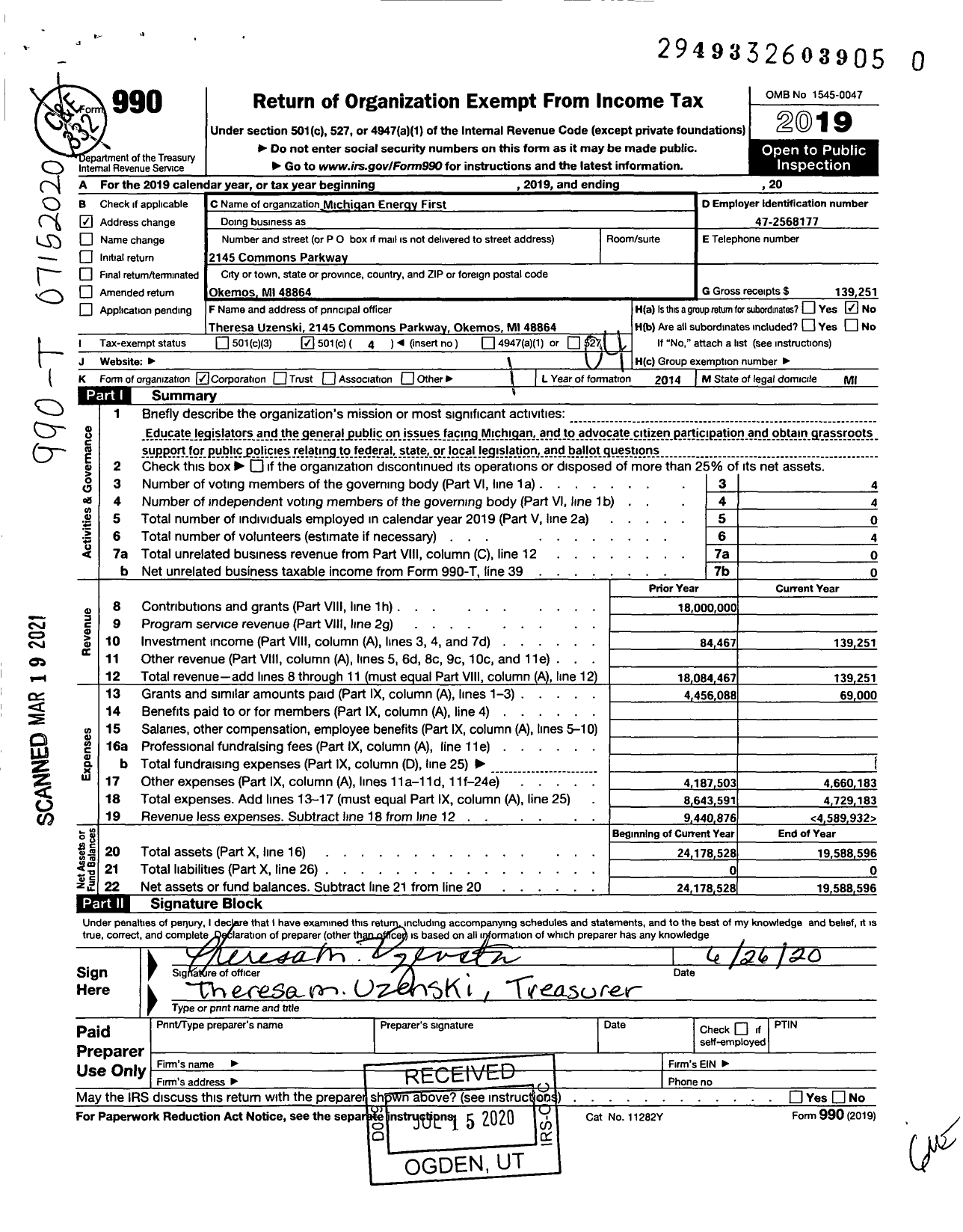 Image of first page of 2019 Form 990O for Michigan Energy First