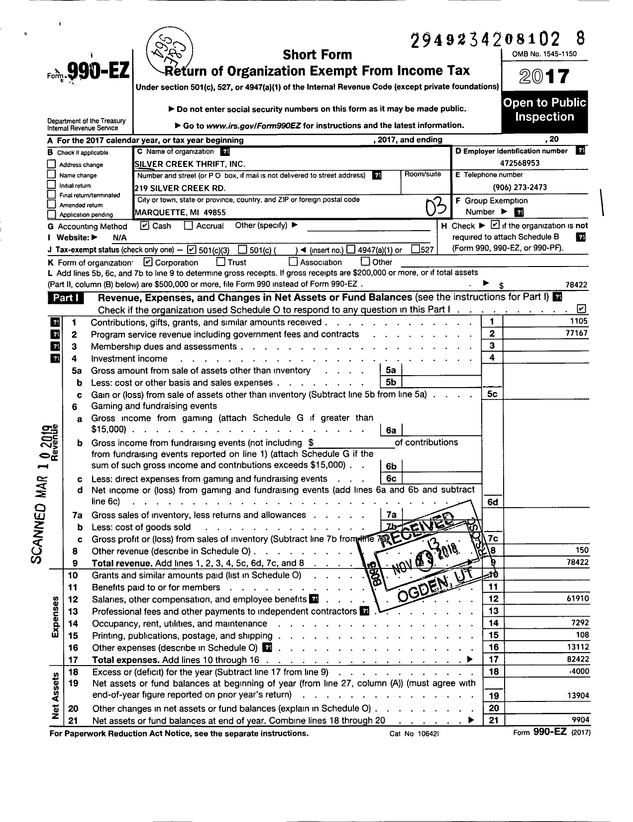 Image of first page of 2017 Form 990EZ for Silver Creek Thrift