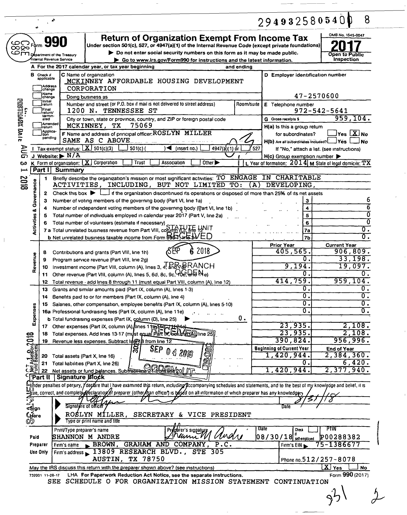 Image of first page of 2017 Form 990 for Mckinney Affordable Housing Development Corporation