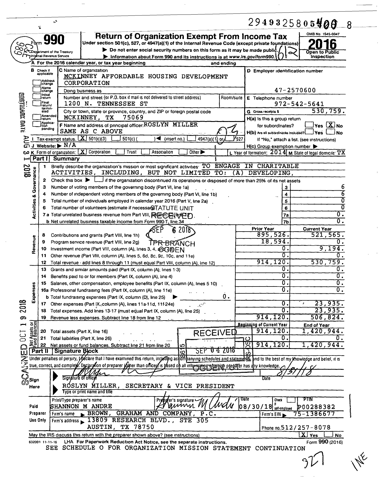 Image of first page of 2016 Form 990 for Mckinney Affordable Housing Development Corporation