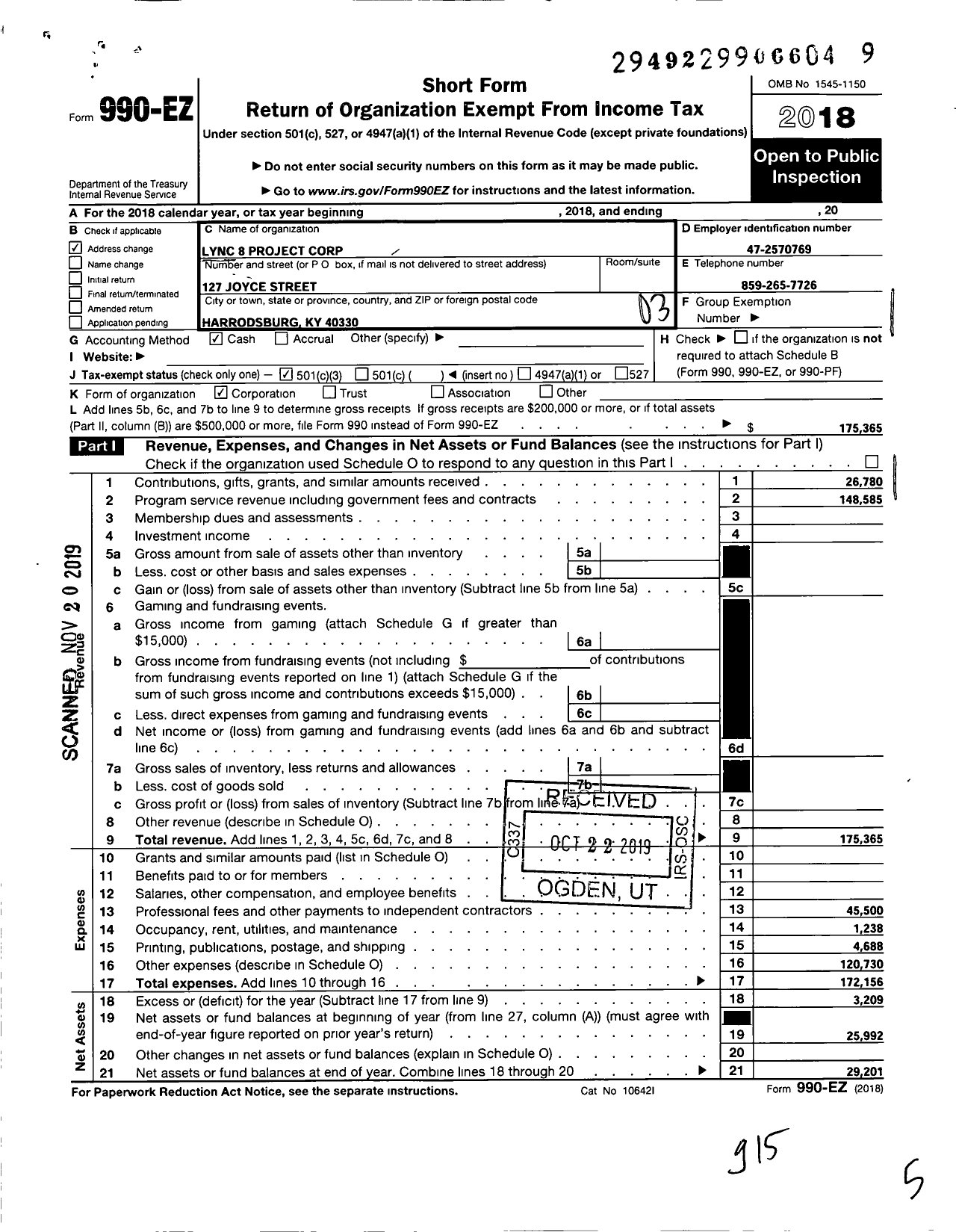 Image of first page of 2018 Form 990EZ for Lync8 8 Project Corporation
