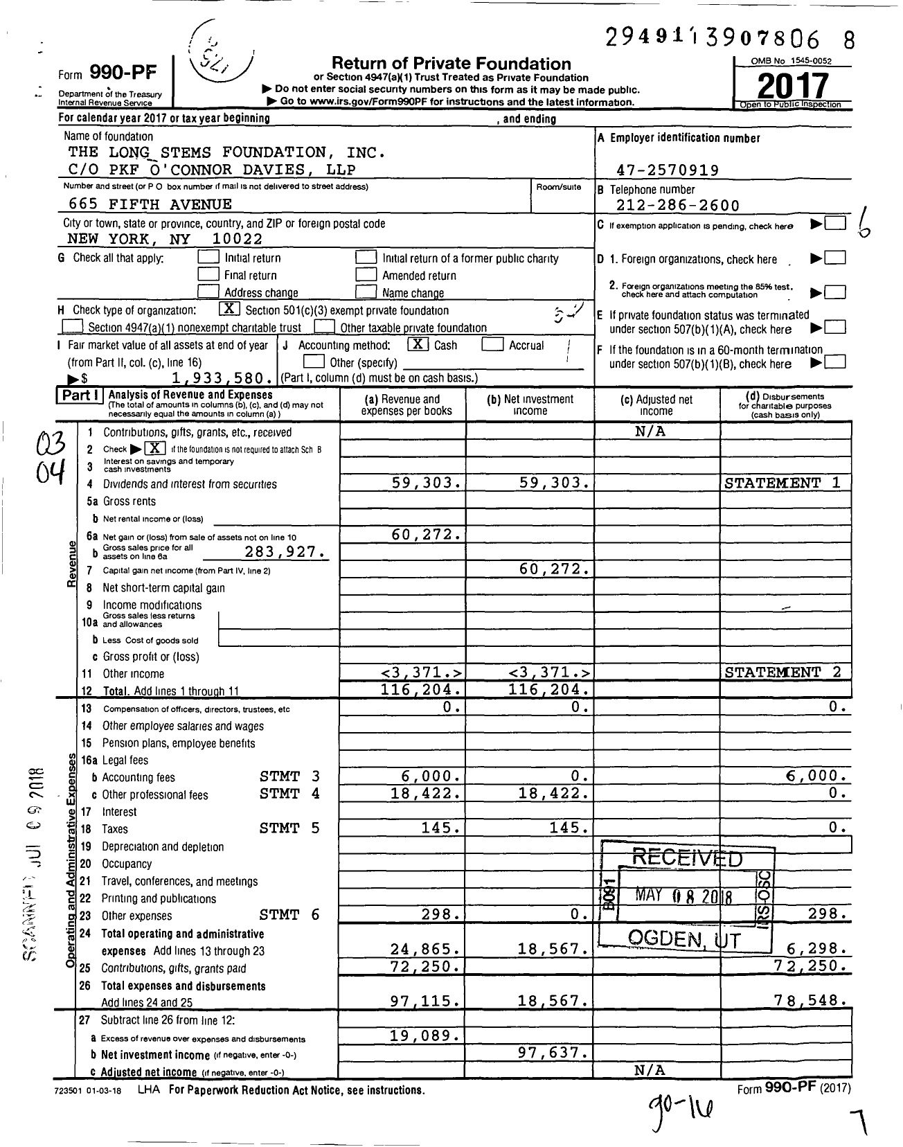 Image of first page of 2017 Form 990PF for The Long Stems Foundation