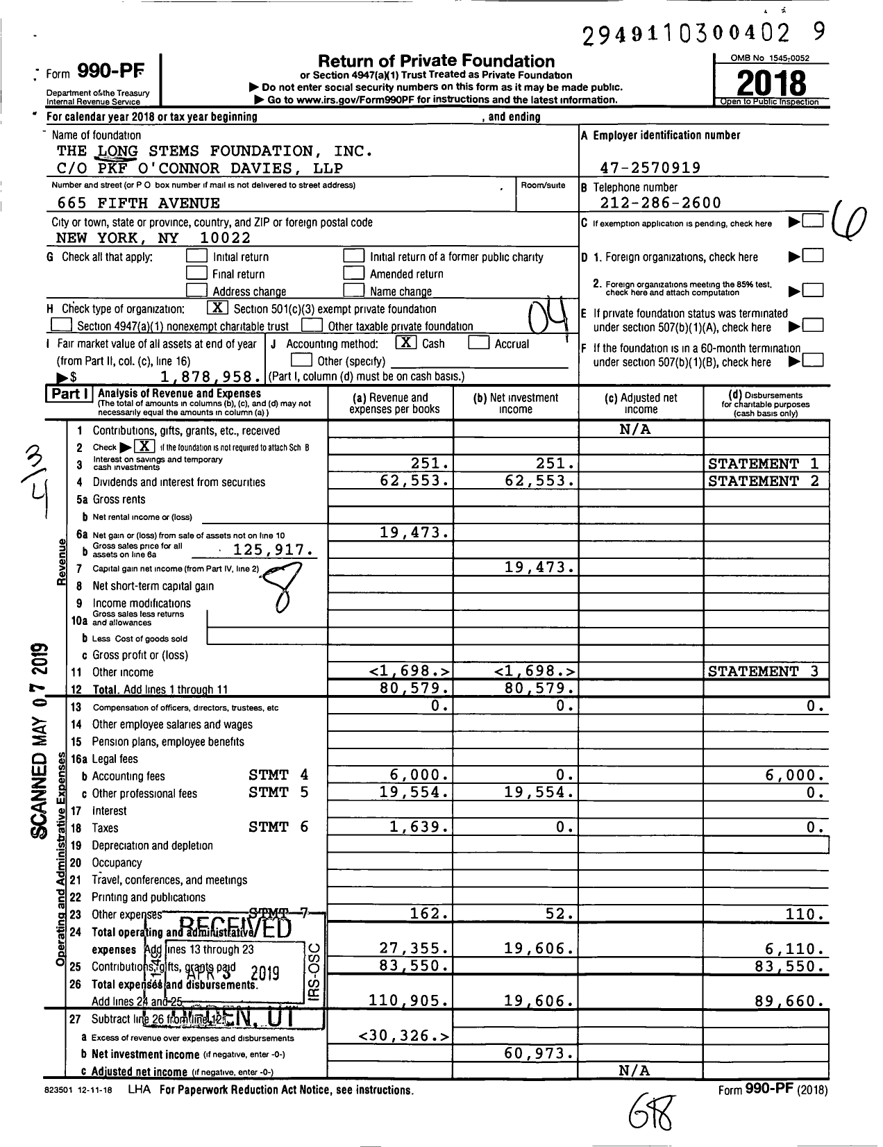 Image of first page of 2018 Form 990PF for The Long Stems Foundation