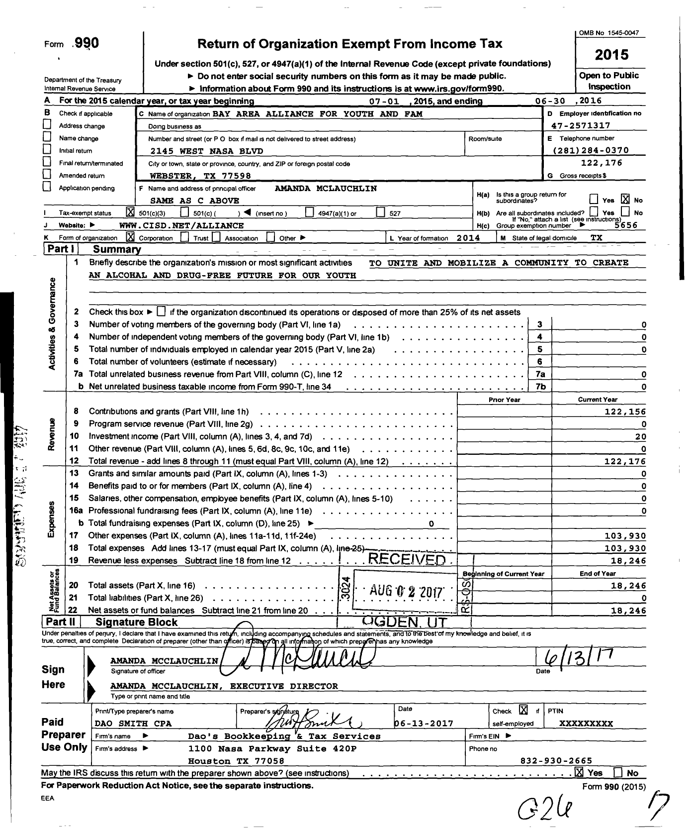 Image of first page of 2015 Form 990 for Clear Creek Isd Support Groups / Bay Area Alliance for Youth and Fam