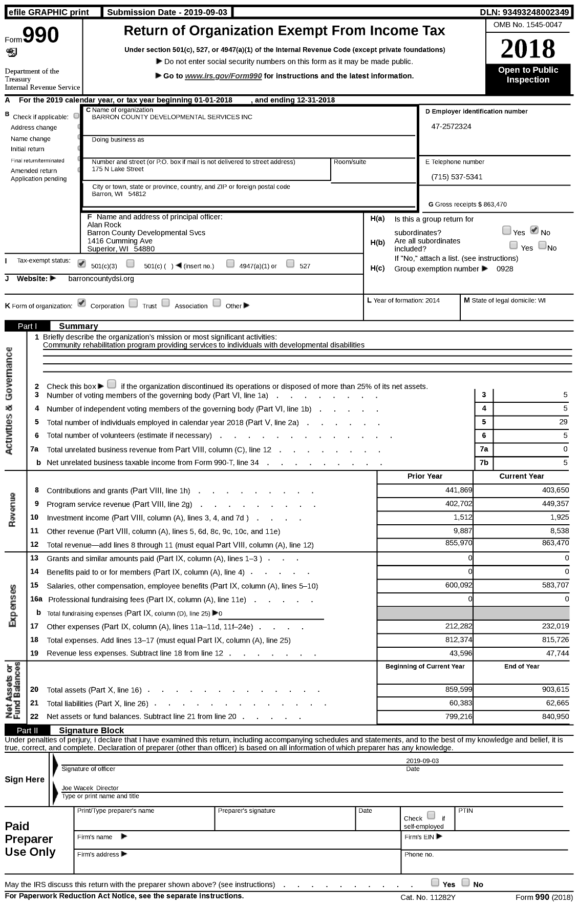 Image of first page of 2018 Form 990 for Barron County Developmental Services