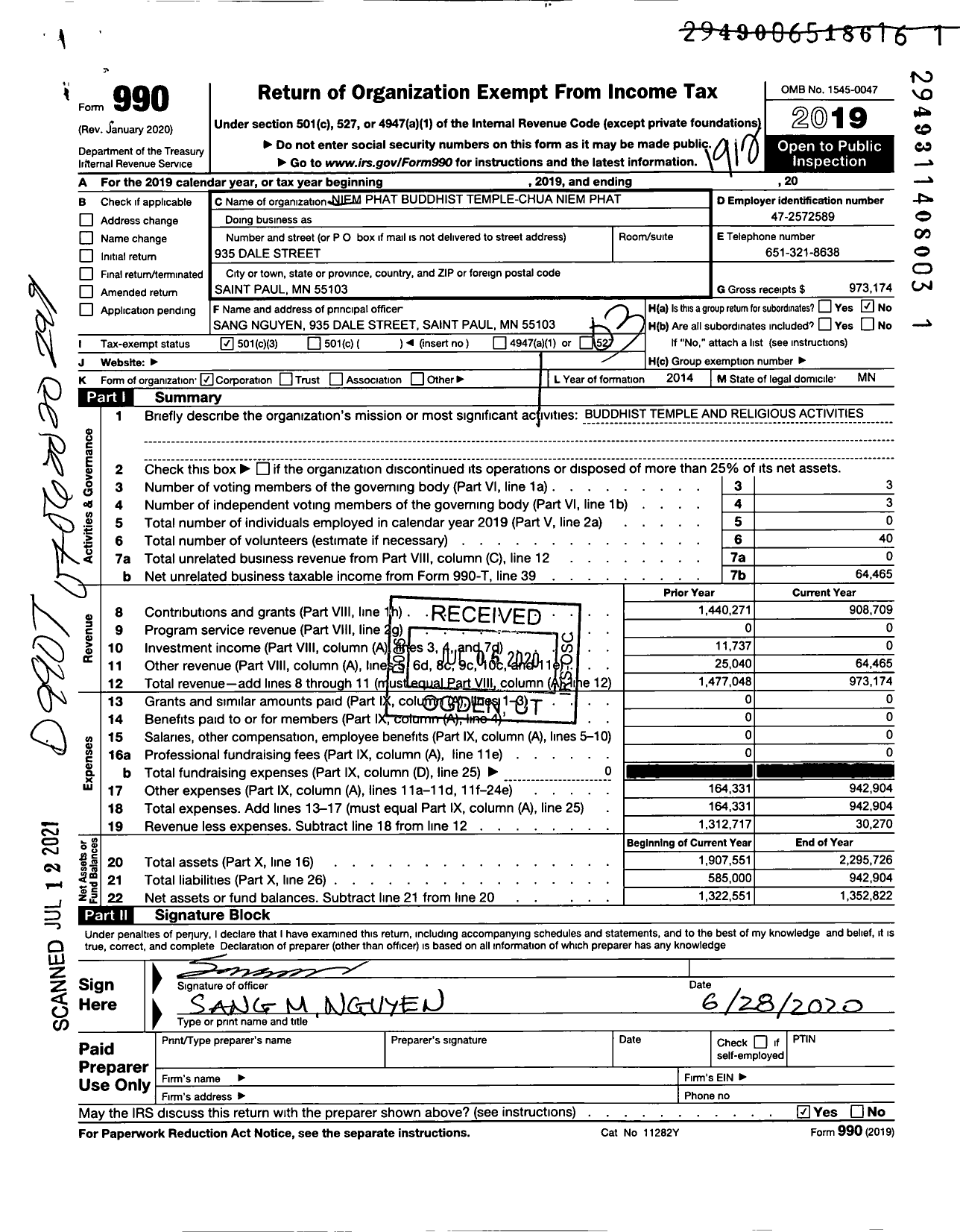 Image of first page of 2019 Form 990 for Niem Phat Buddhist Temple - Chua Niem Phat