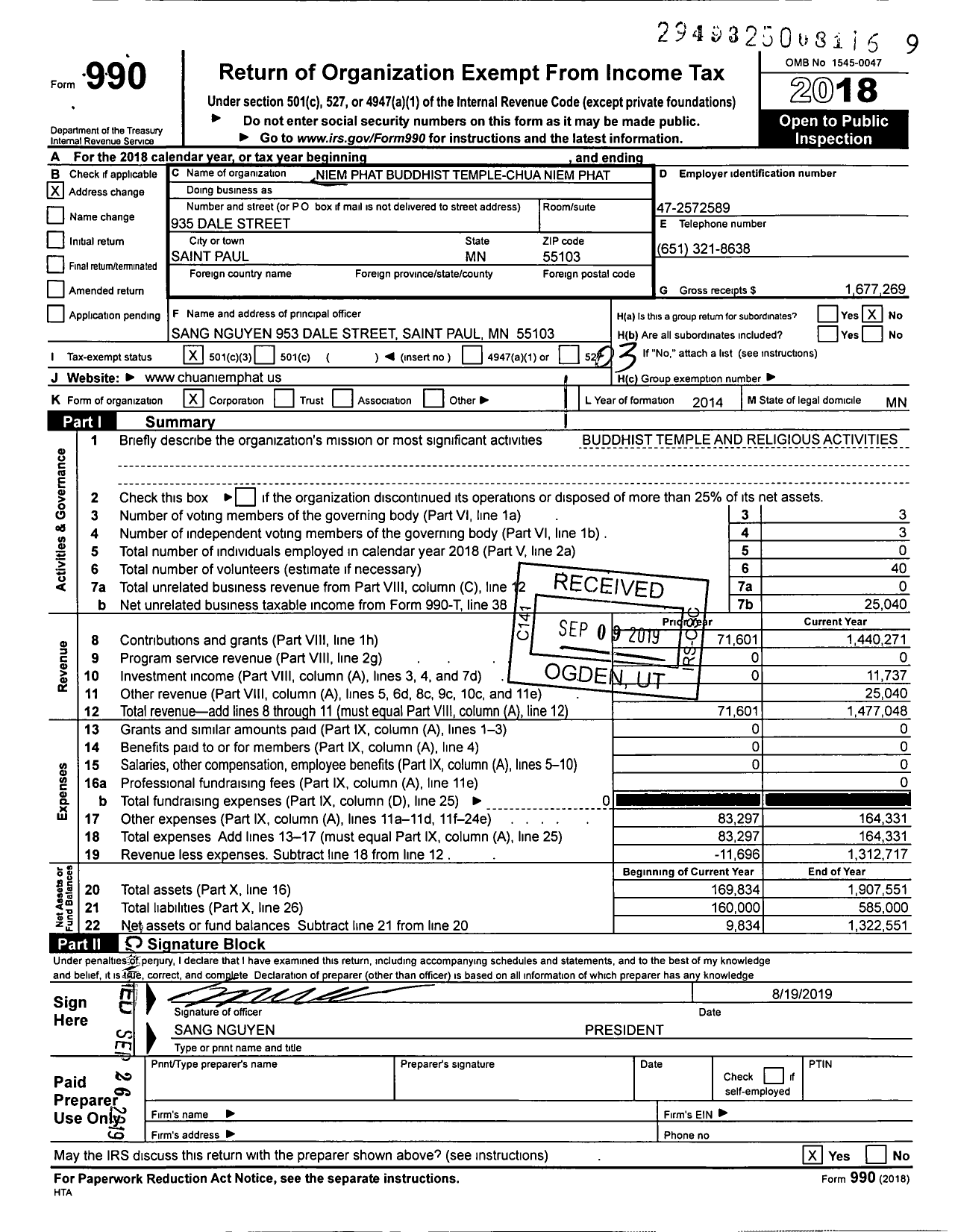 Image of first page of 2018 Form 990 for Niem Phat Buddhist Temple - Chua Niem Phat