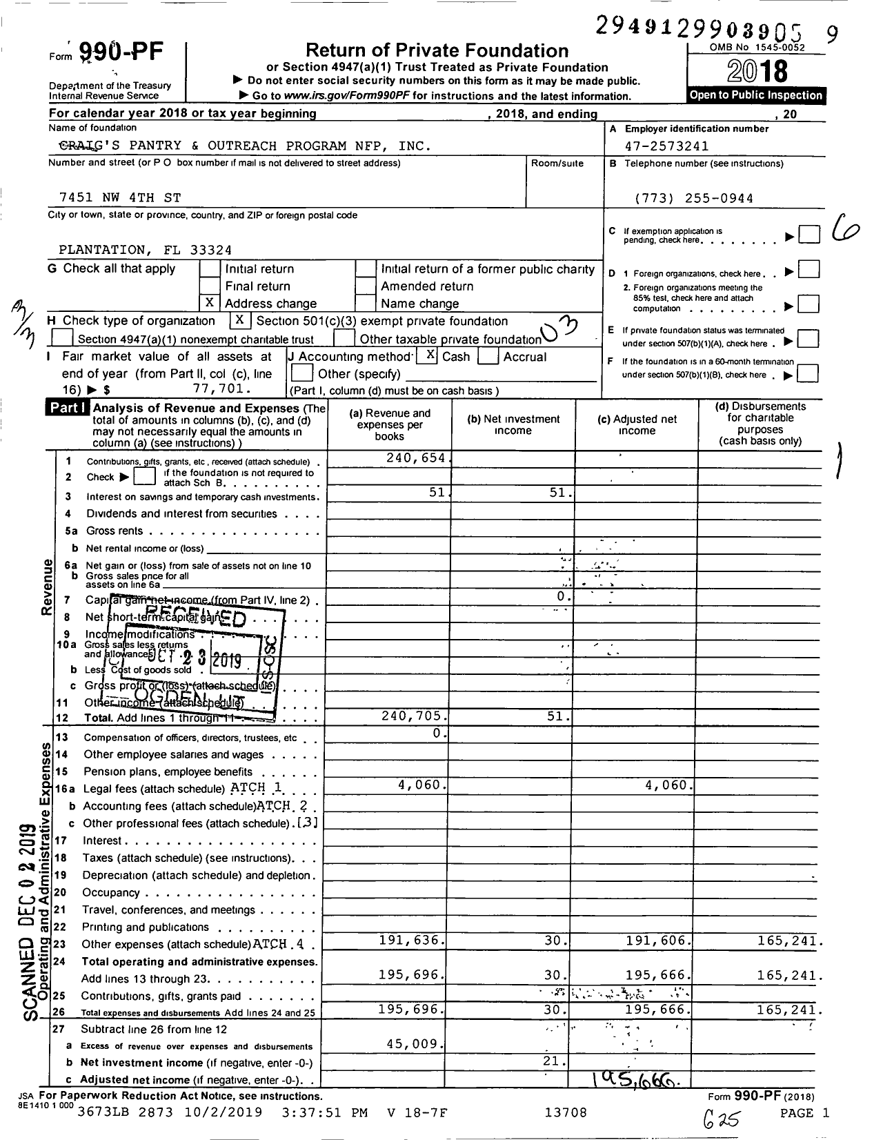 Image of first page of 2018 Form 990PF for Craig's Pantry and Outreach Program NFP