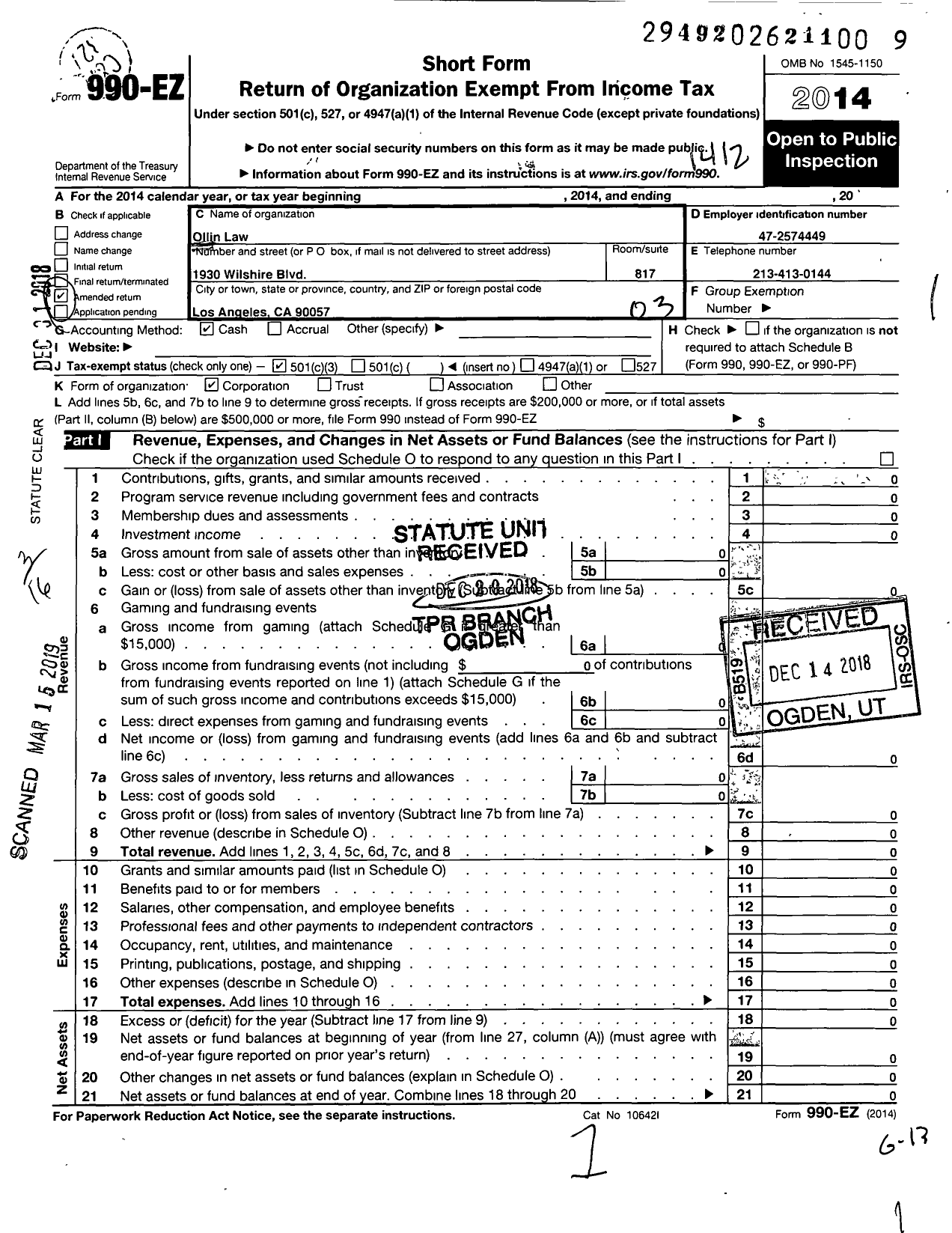 Image of first page of 2014 Form 990EZ for Ollin Law