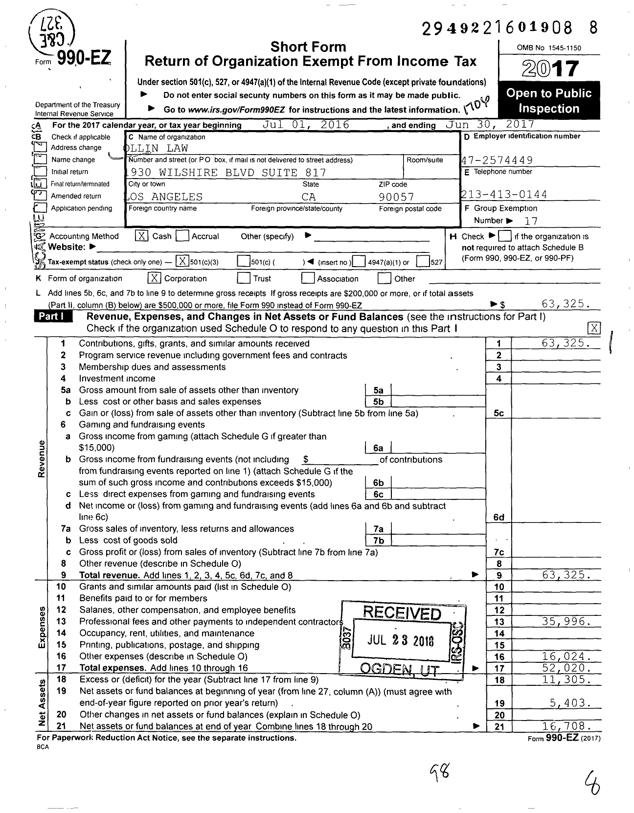 Image of first page of 2016 Form 990EZ for Ollin Law