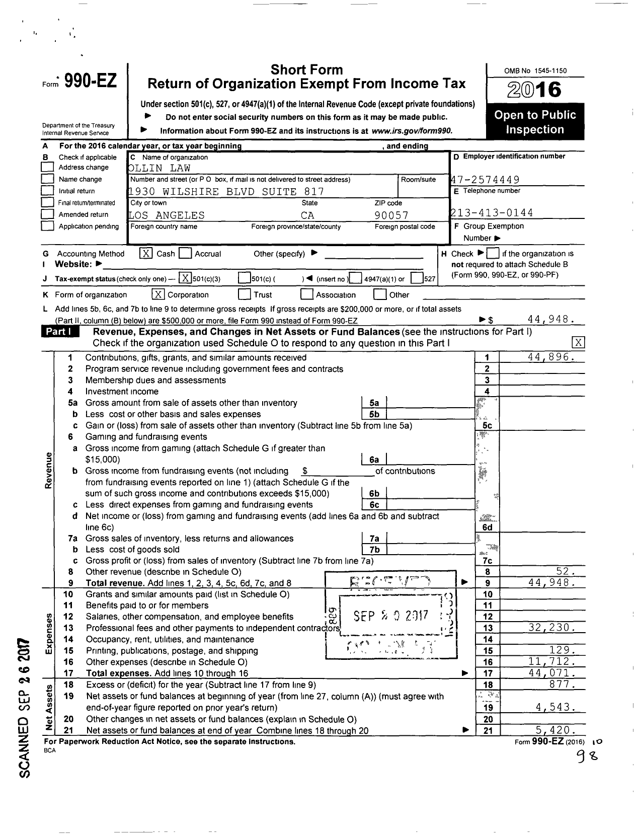 Image of first page of 2016 Form 990EZ for Ollin Law