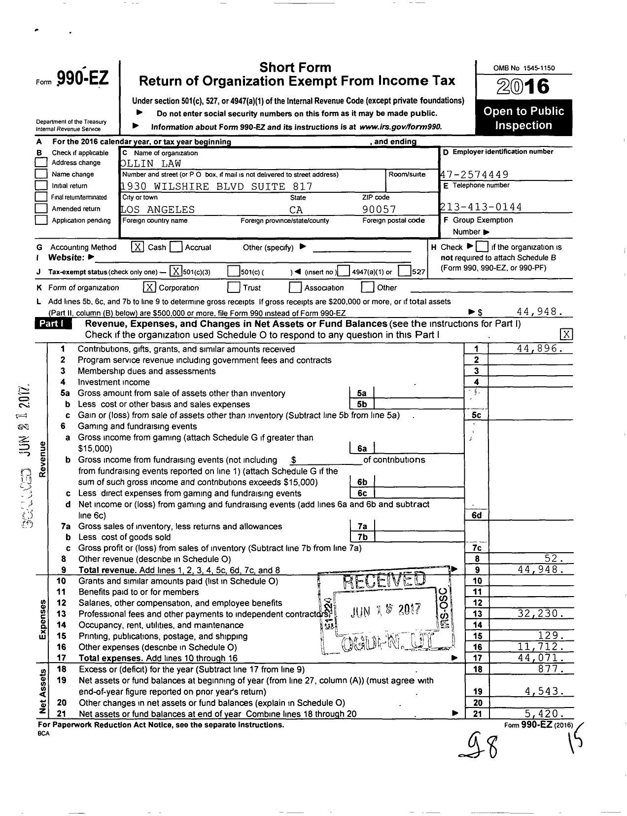 Image of first page of 2016 Form 990EZ for Ollin Law