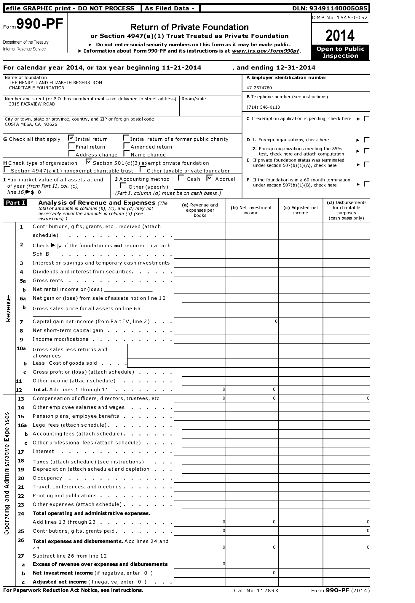 Image of first page of 2014 Form 990PF for The Henry T and Elizabeth Segerstrom Charitable Foundation