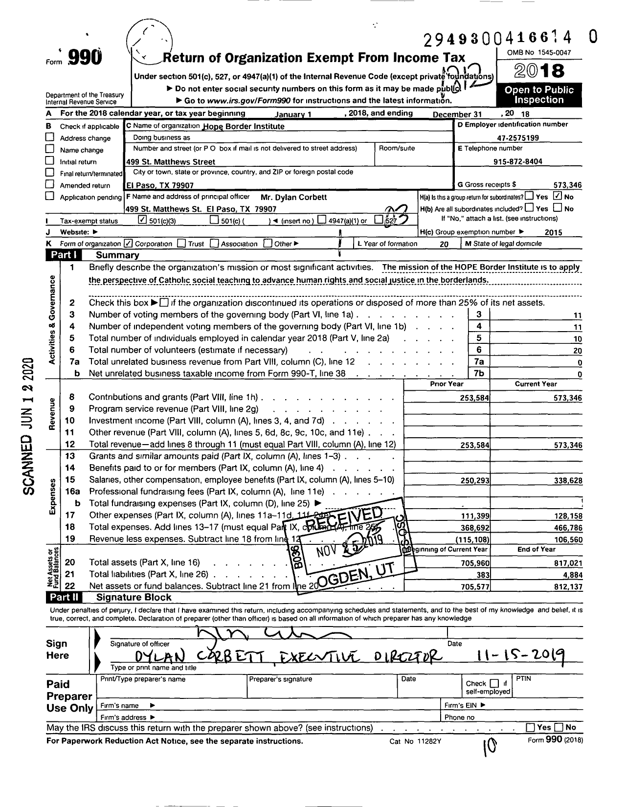 Image of first page of 2018 Form 990 for Hope Border Institute