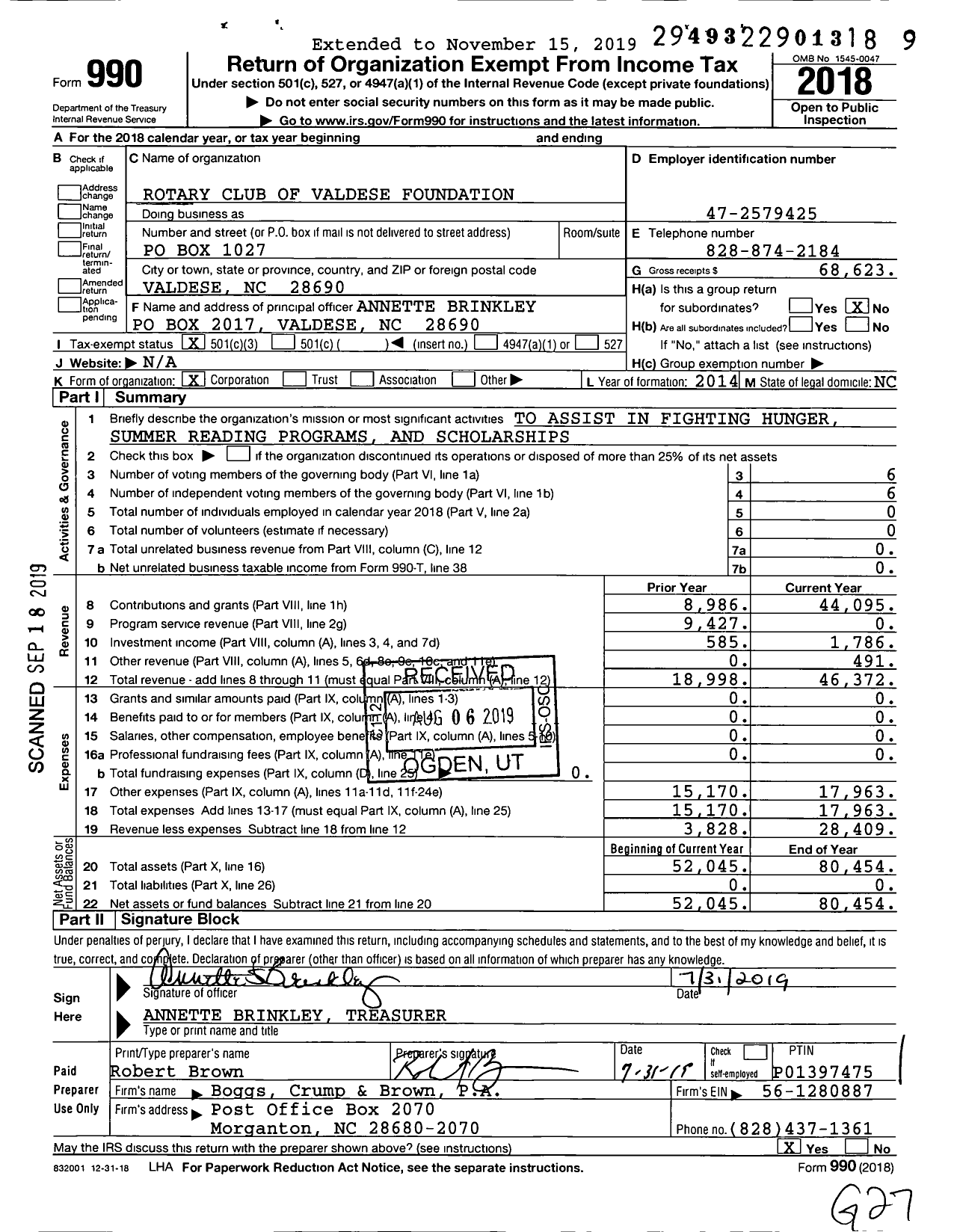 Image of first page of 2018 Form 990 for Rotary Club of Valdese Foundation